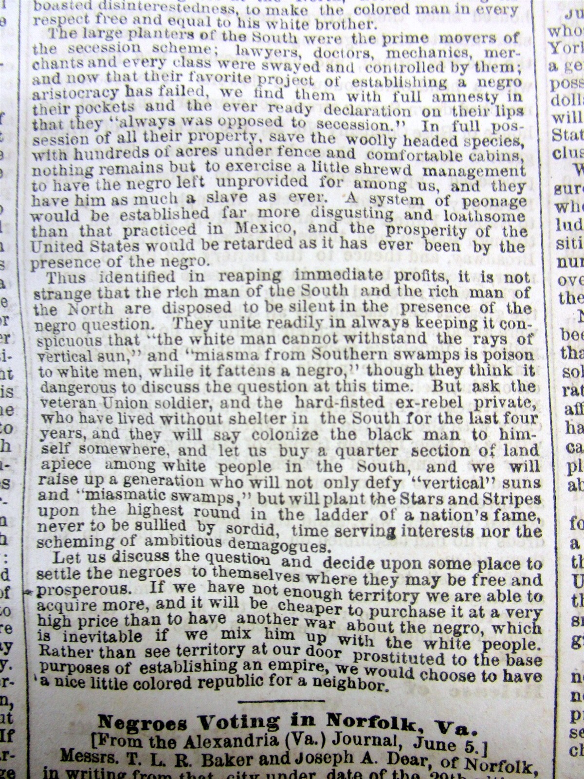 1865 newspaper w FATE of the FREED NEGR0 SLAVES in TENNESSEE after the Civil War