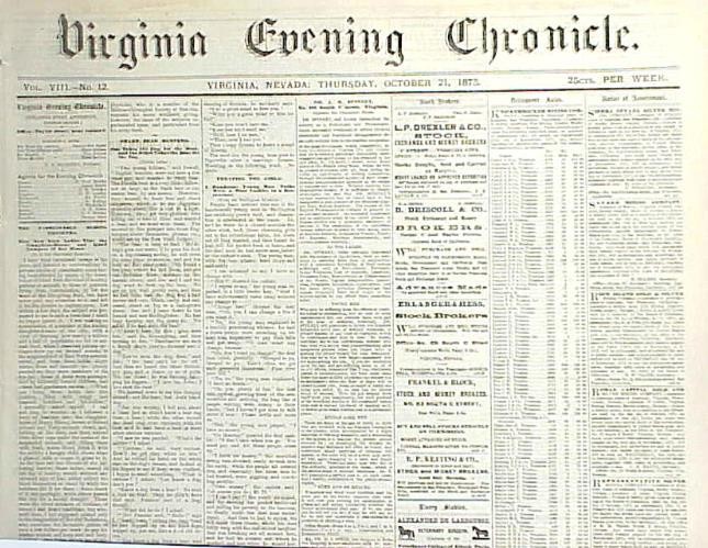 Original 1875 VIRGINIA EVENING CHRONICLE NEWSPAPER (Virginia City, Nevada)