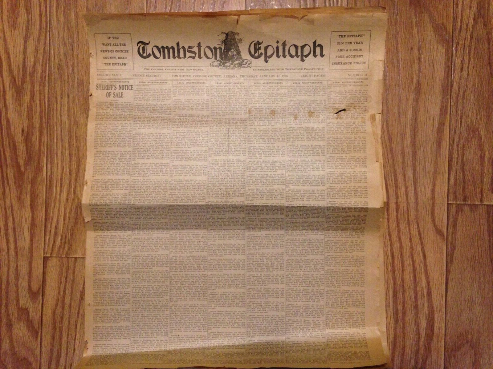 Rare Tombstone Epitaph newspaper. 1926. Complete 8 pages. Nice! Authentic.
