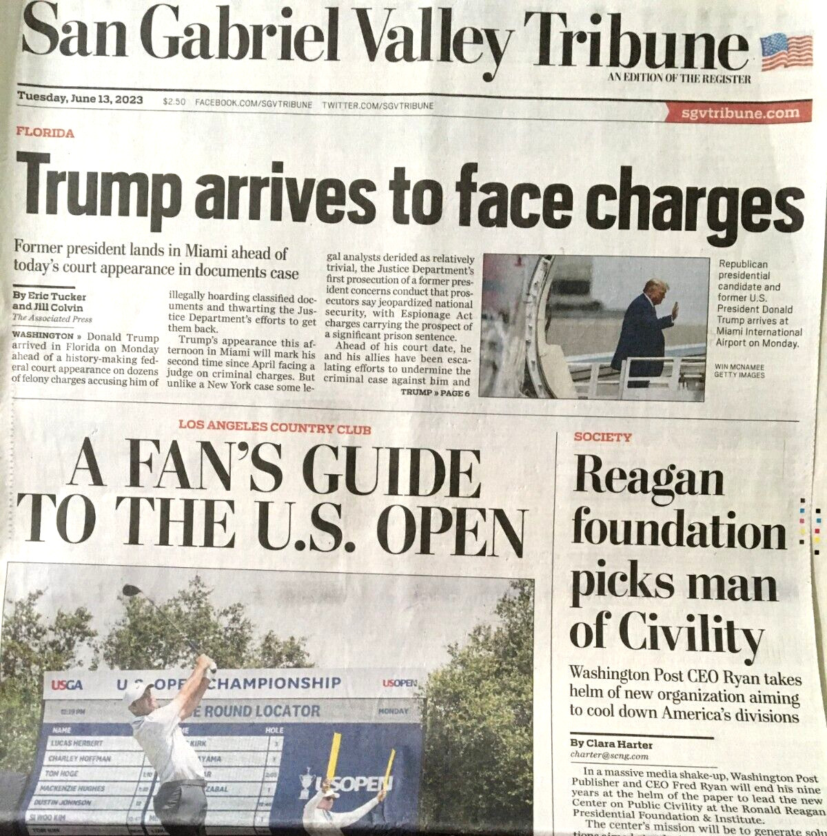 SAN GABRIEL VALLEY TRIBUNE June 13, 2023 TRUMP ARRIVES TO FACE CHARGES