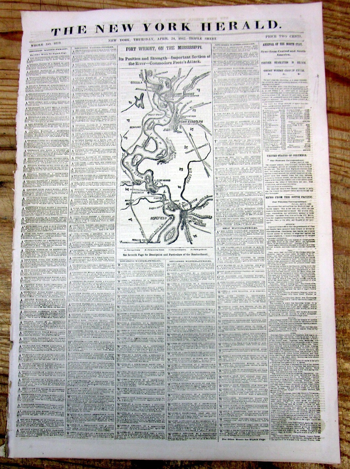 1862 Civil War newspaper w MAP MEMPHIS Tennessee -Ft Wright on MISSISSIPPI RIVER