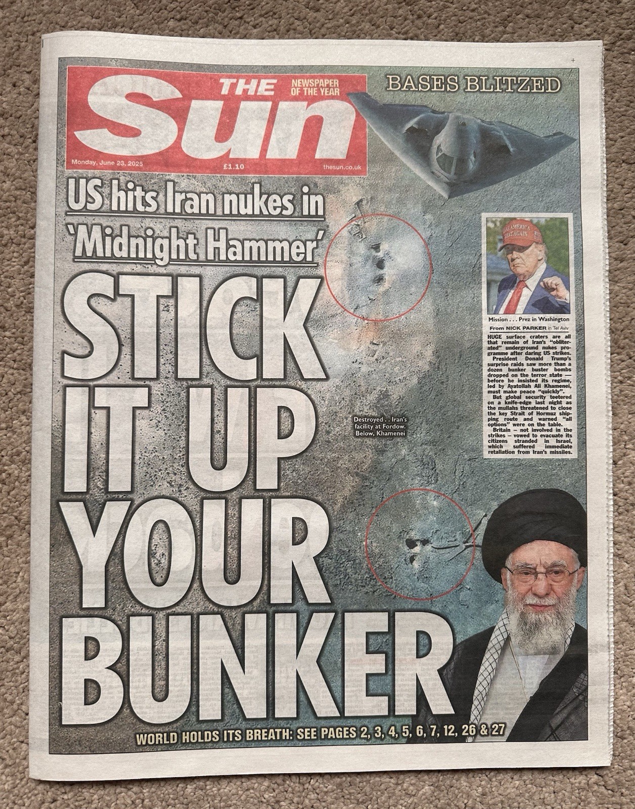 The Sun 23rd June 2025 23/6/25 USA Attack Iran Bunkers & Jude Bellingham