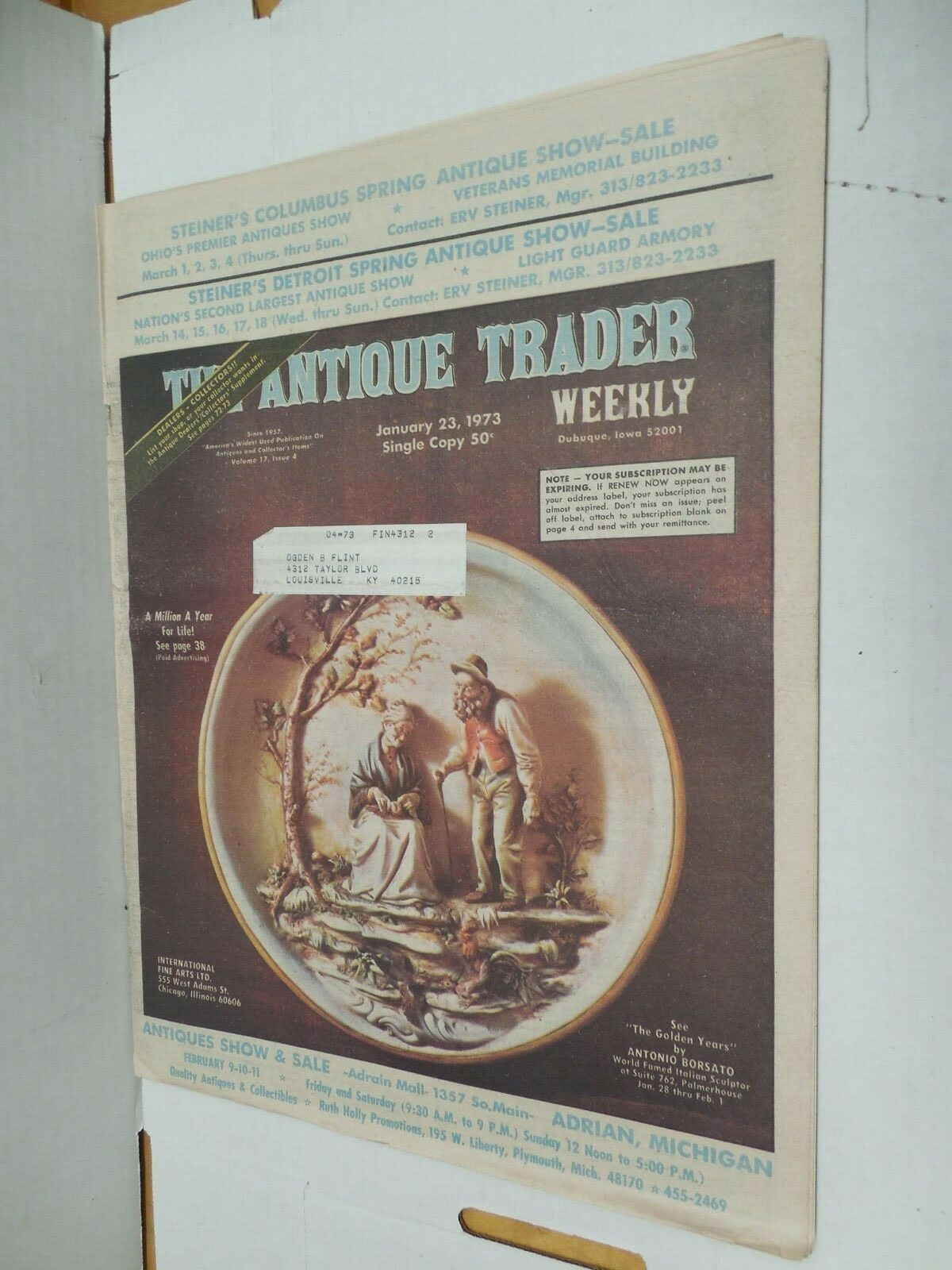 Antique Trader Weekly Jan. 23 1973 Italian Sculptor Antonio Borsato Utica Silver