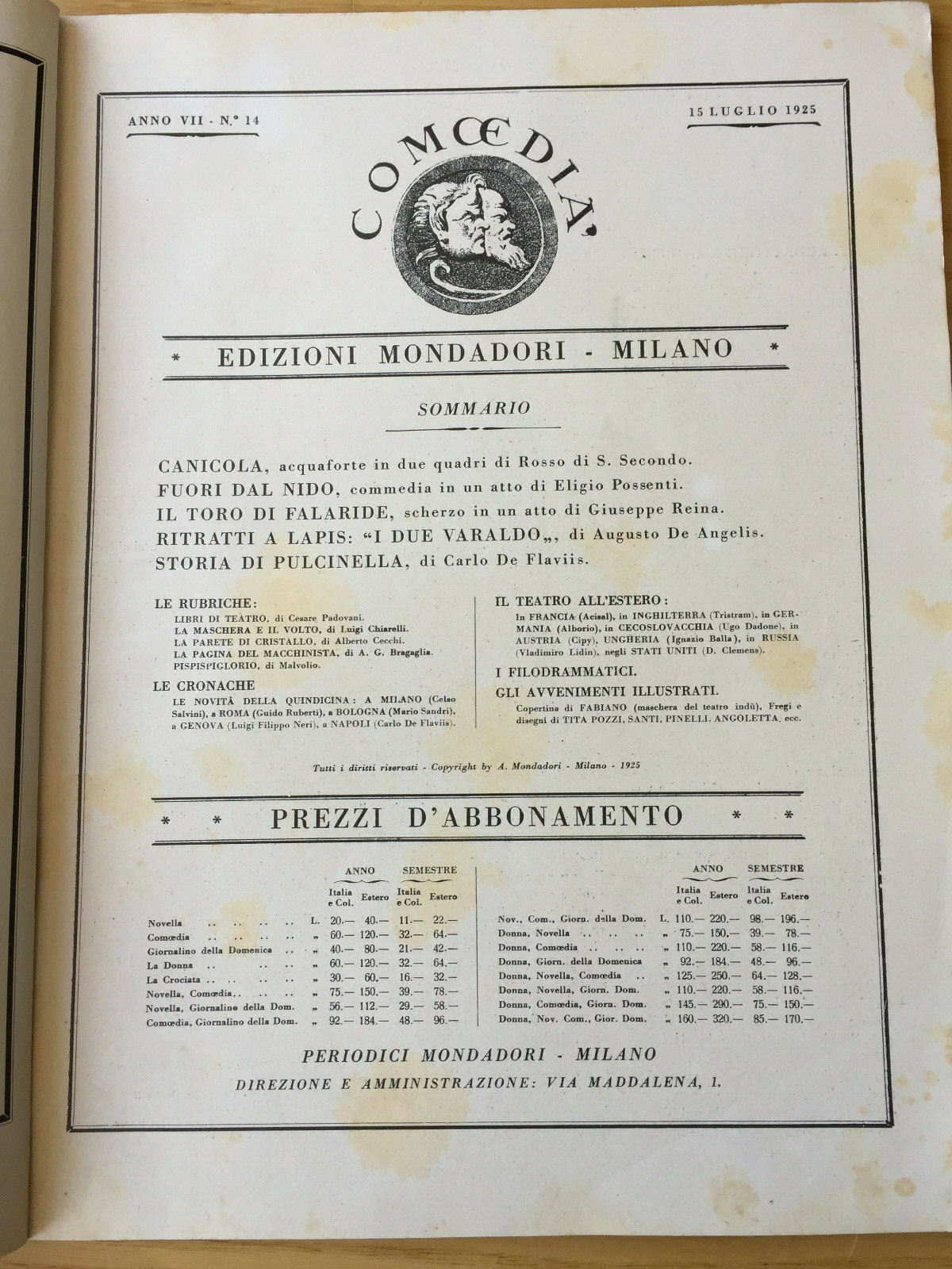 MONDADORI COMEDIA PERIODICO COMEDIA E VITA THEATRALE N° 14 1925 PULCINELLA 2/19