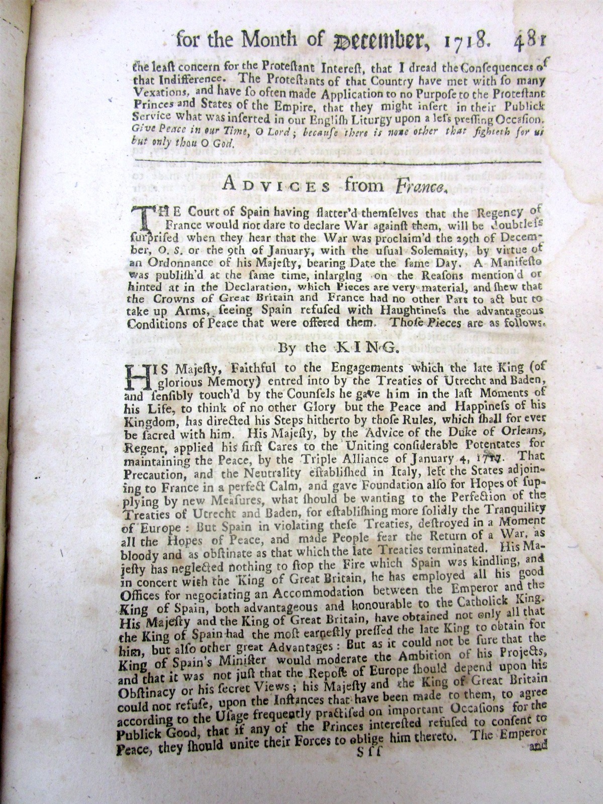 1718 newspaper / news book ENGLAND & FRANCE DECLARE WAR on SPAIN – War in EUROPE