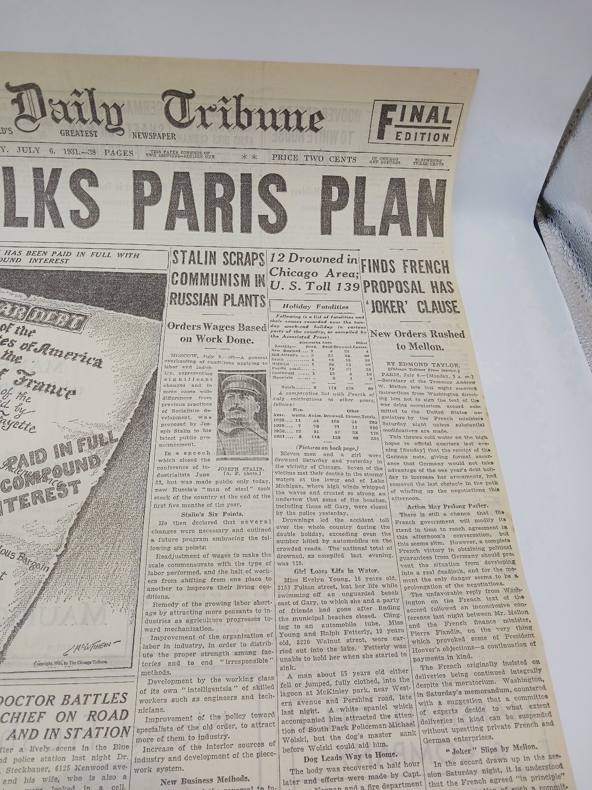 July 1931 Chicago Tribune Hoover Paris Plan Plane Crash Newspaper Page