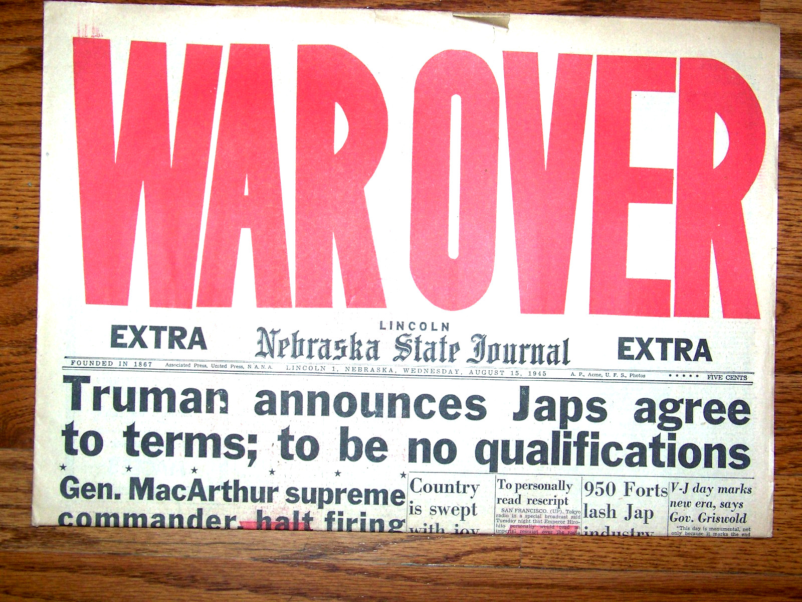 August 15, 1945 Lincoln Nebraska State Journal Newspaper Extra “WAR OVER” WW2