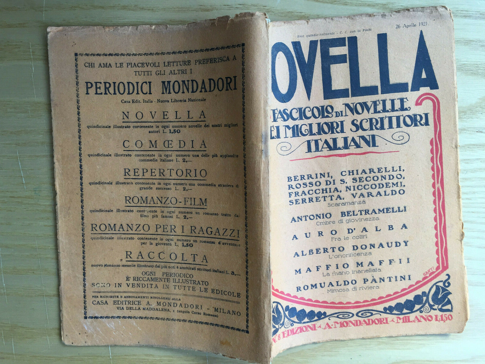 MONDADORI NOVELLA PERIODICAL ITALIAN WRITERS N° 8 1921 DONAUDY – ACCEPTABLE