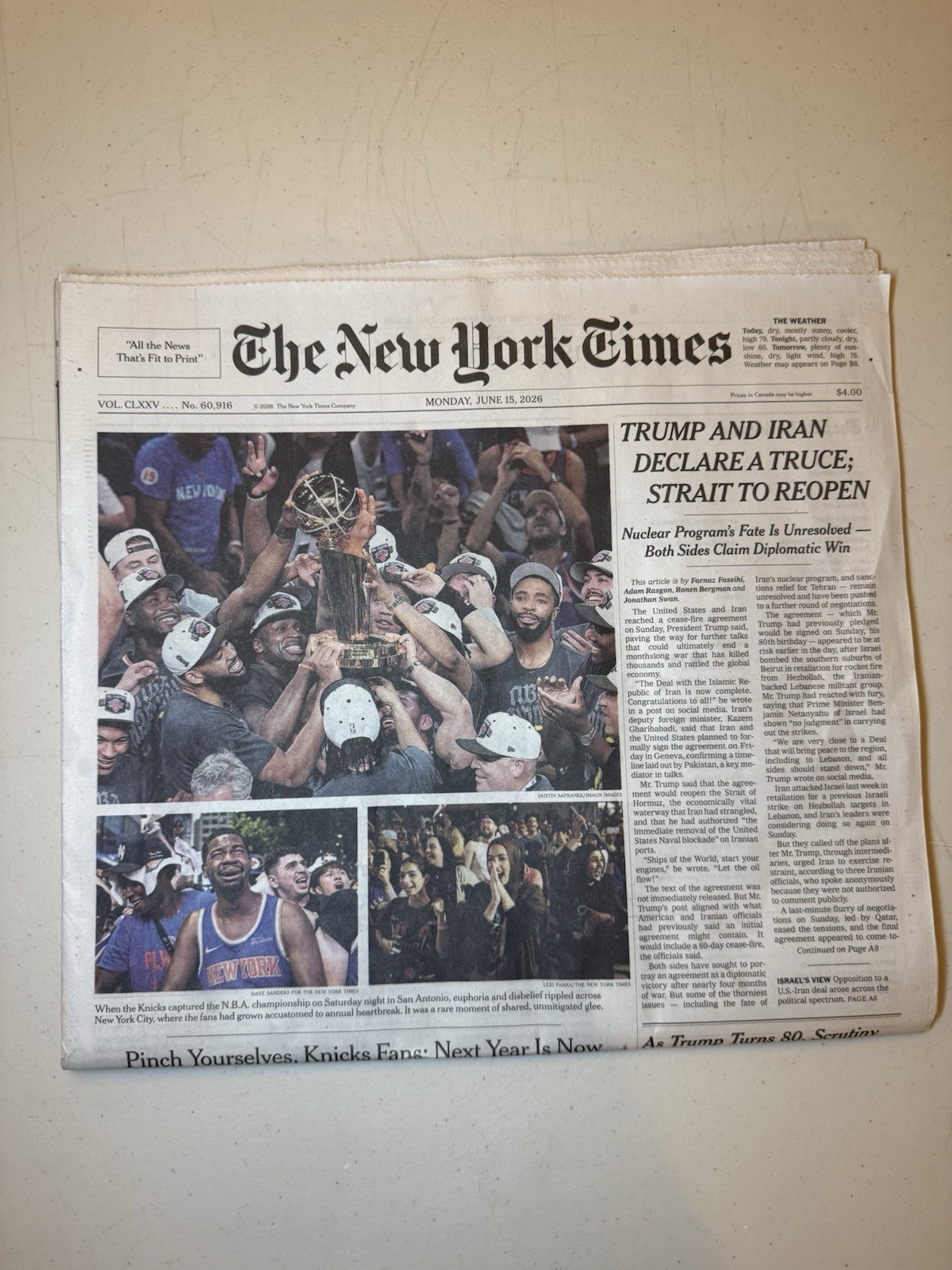 The New York Times Sports Section Newspaper June 15, 2026 Knicks NBA Finals