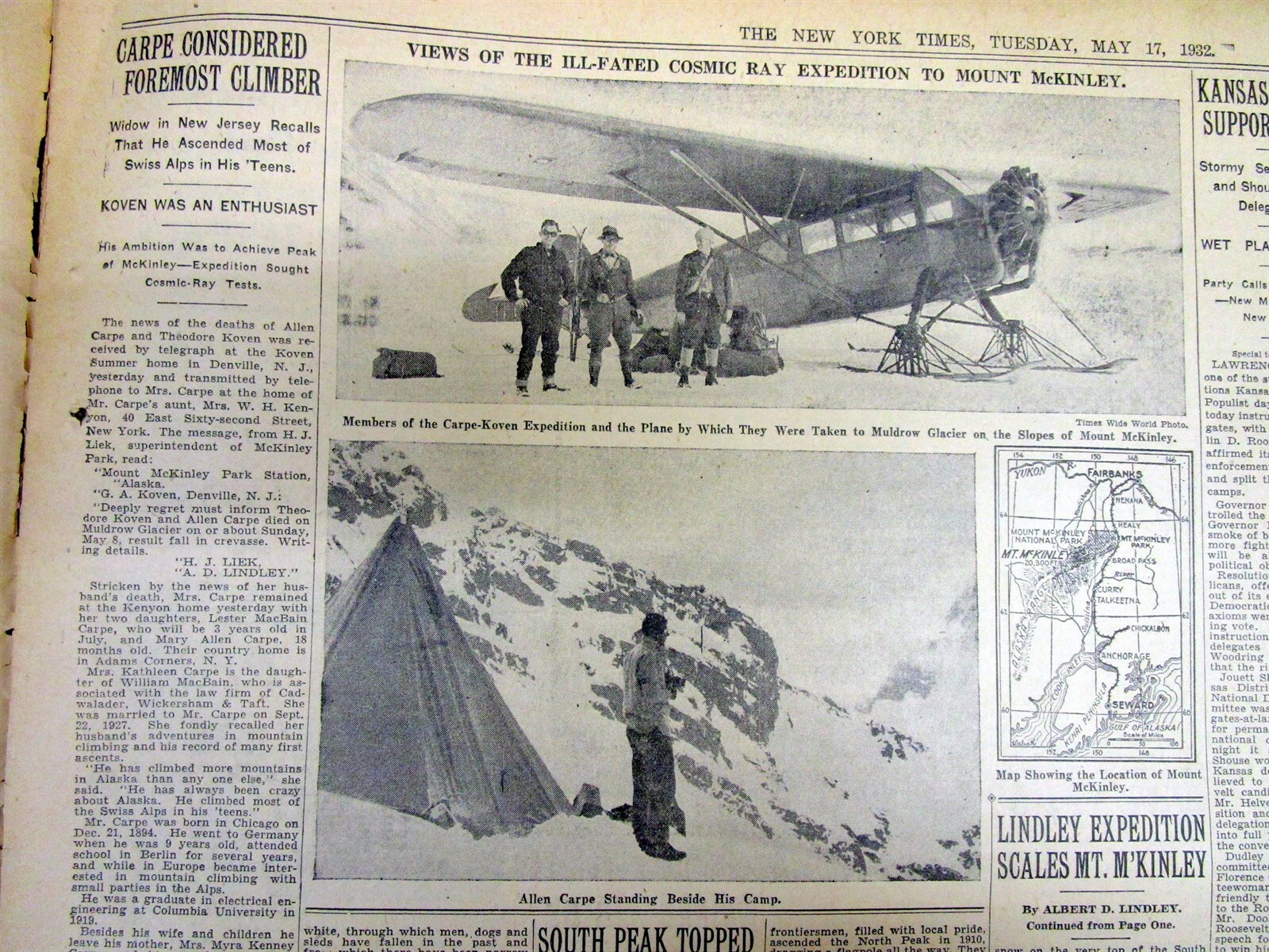 1932 NY Times newspaper LINDLEY EXPEDITION CLIMBS MT McKINLEY in Alaska DENALI