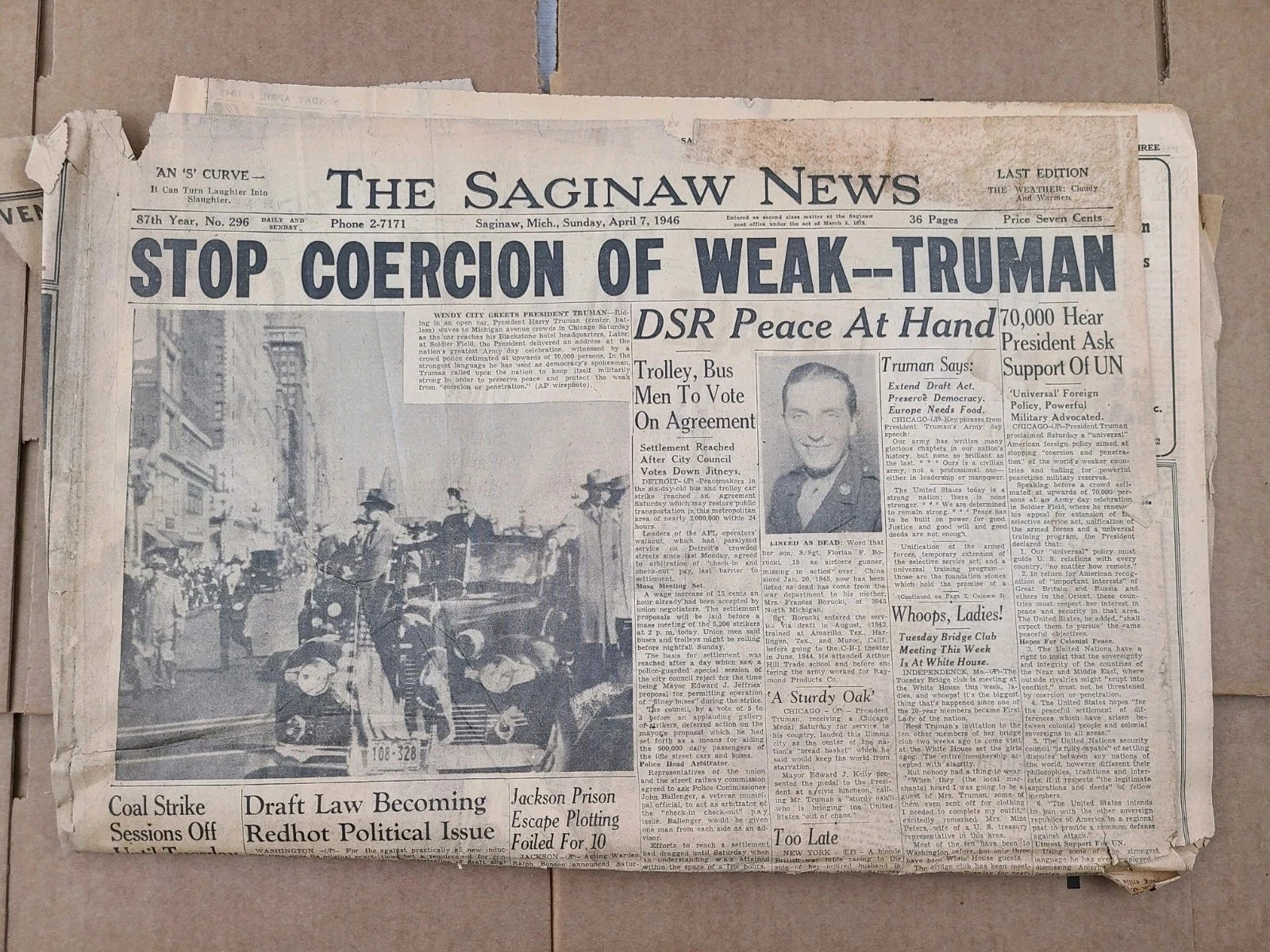 President Truman Post World War II 1946 Saginaw Newspaper