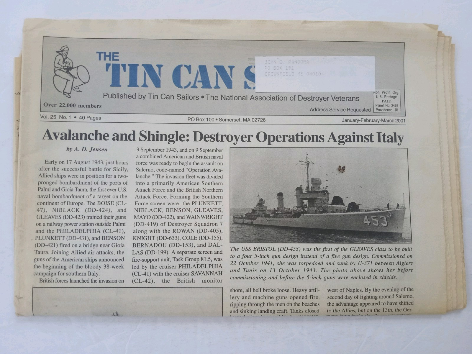 The TIN CAN SAILOR Newspaper 2001 Vol 25 #1 DESTROYER OPERATIONS AGAINST ITALY