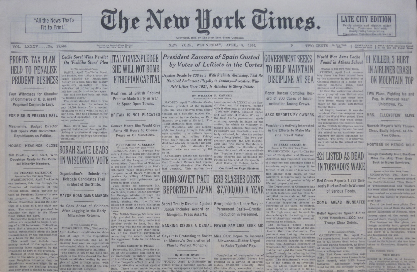 4-1936 April 8 ITALY GIVES PLEDGE WILL NOT BOMB ETHIOPIAN CAPITAL SELASSIE Times