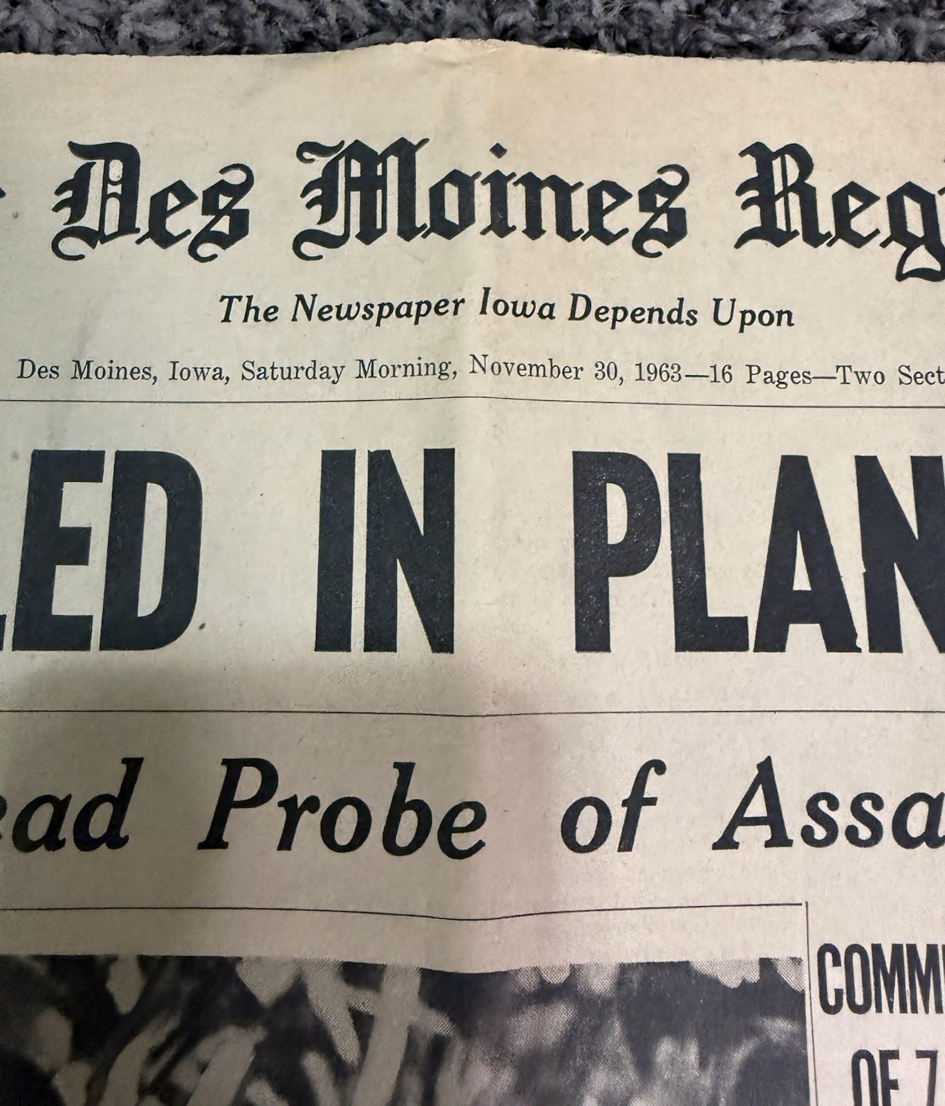 Des Moines IA Register Nov 1963 JFK Assassination Warren Commission Plane Crash