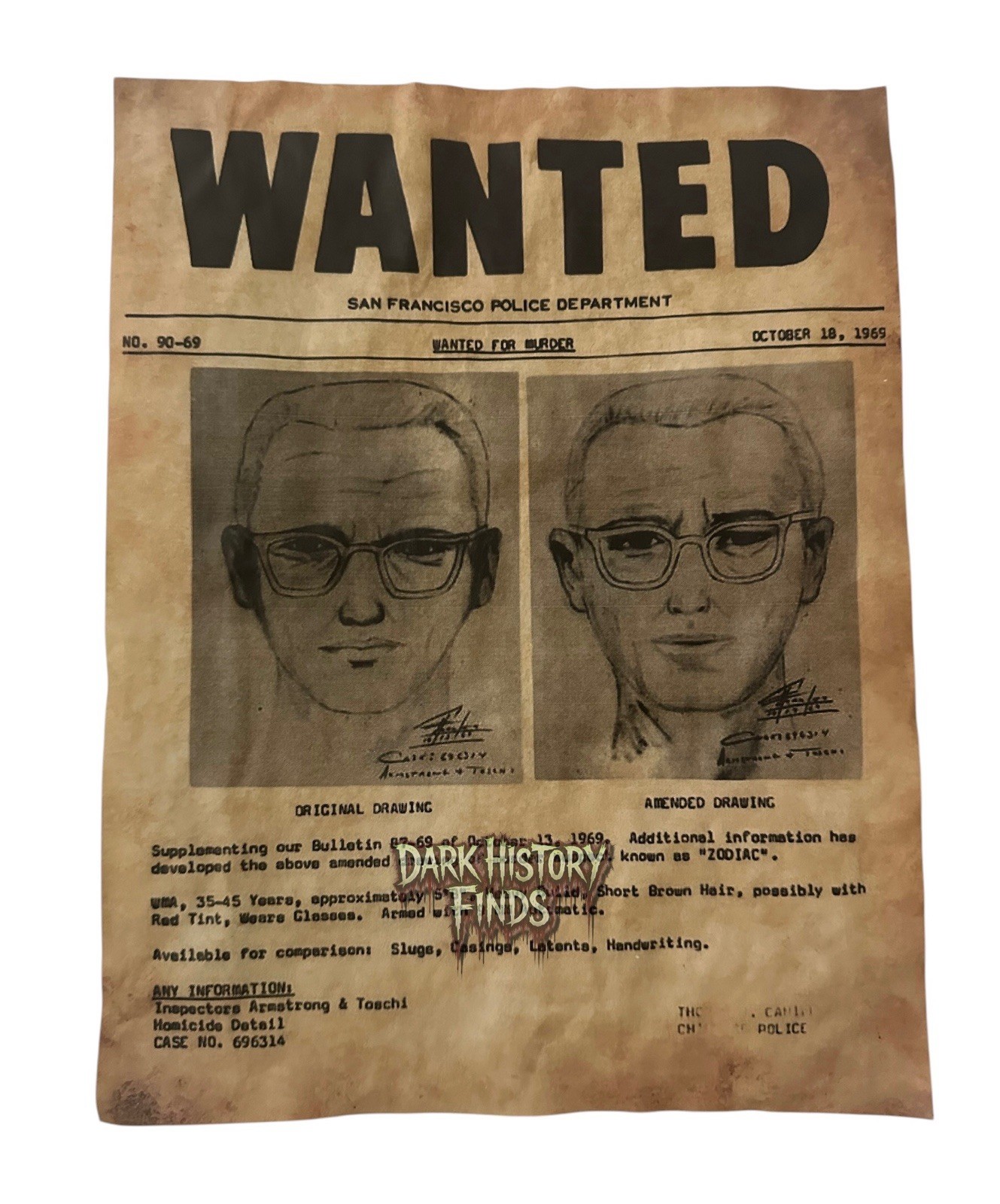 Vintage 1969 San Francisco Police Department “WANTED” Zodiac Poster ￼
