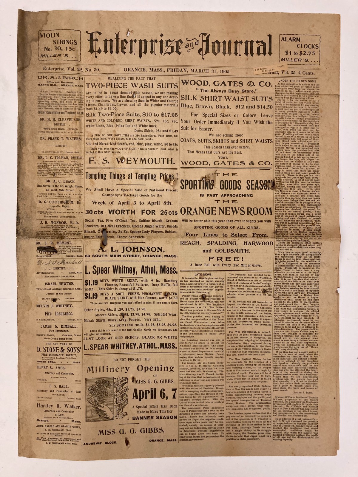 1905 Enterprise & Journal Newspaper Orange Mass March 31 Antique Complete 8pp