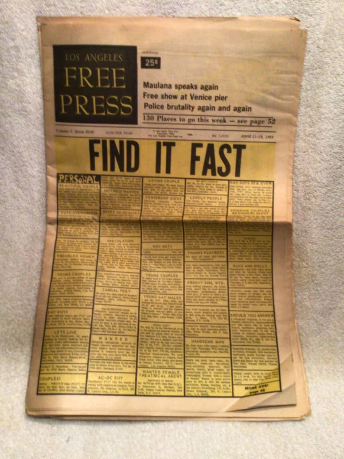 Vtg. Los Angeles Free Press Underground Newspaper April 1969 Hippies Great Ads