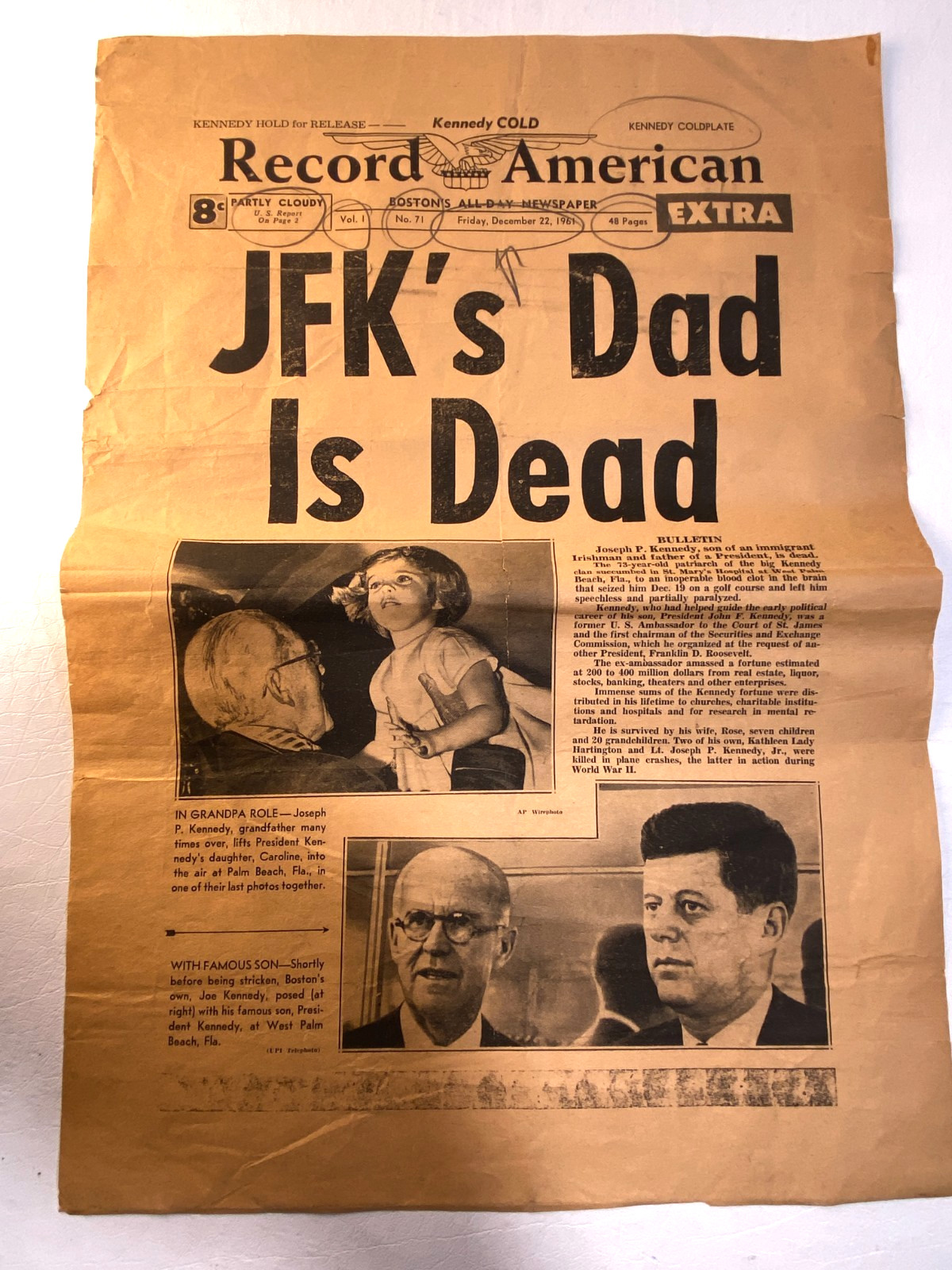 Vintage Record American JFK’s Dad is Dead Hold For Release Copy 1961 error paper