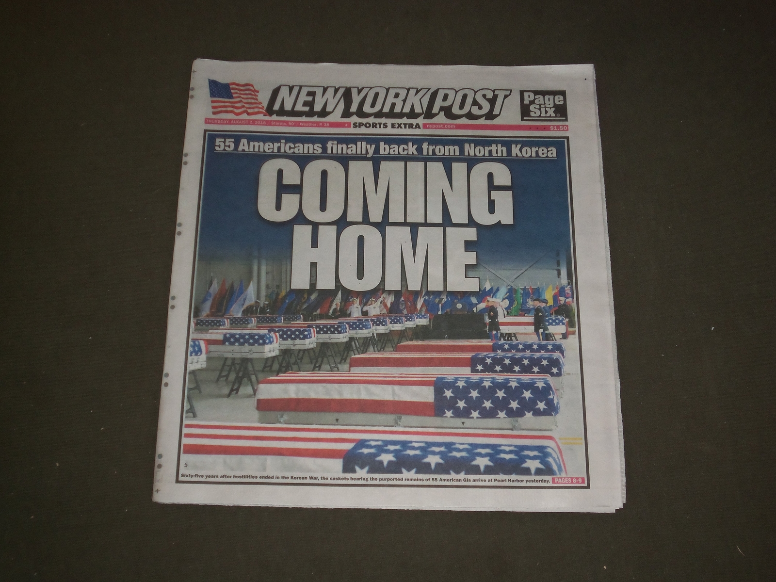 2018 AUGUST 2 NEW YORK POST NEWSPAPER – 55 AMERICA BODIES BACK FROM NORTH KOREA