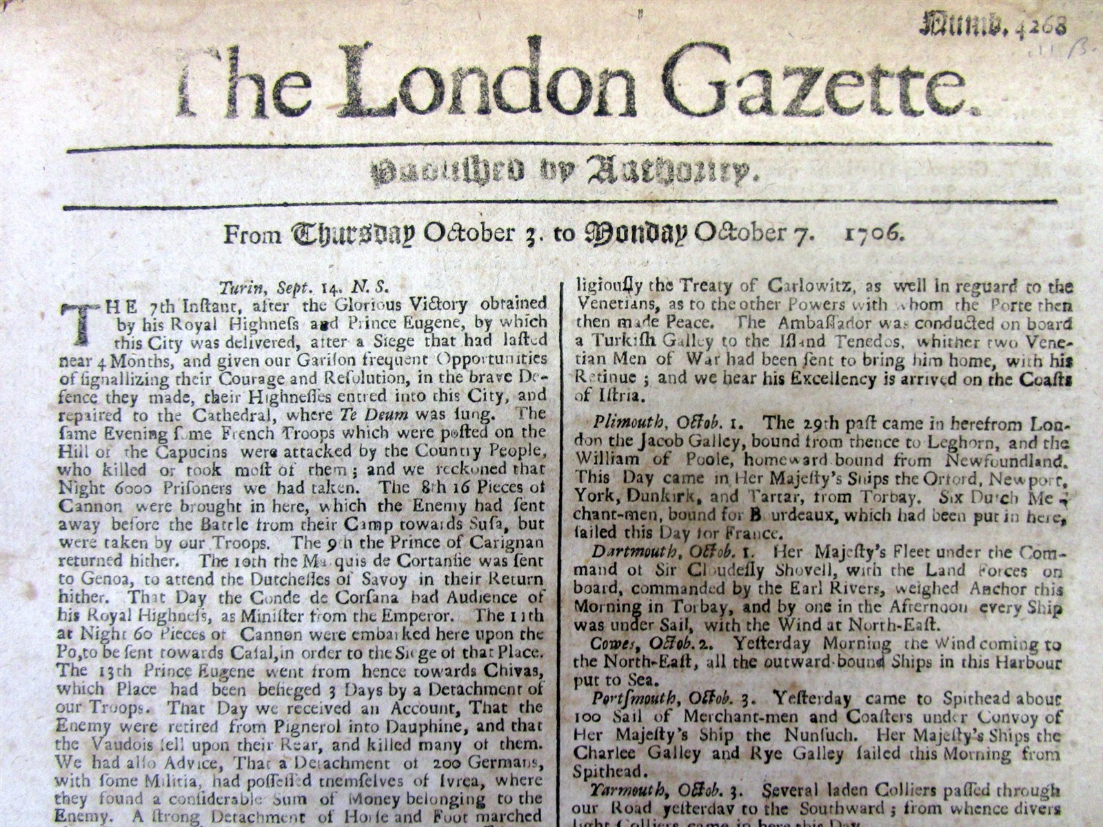 1706 newspaper w SIEGE OF TURIN Italy during The WAR OF THE SPANISH SUCCESSION