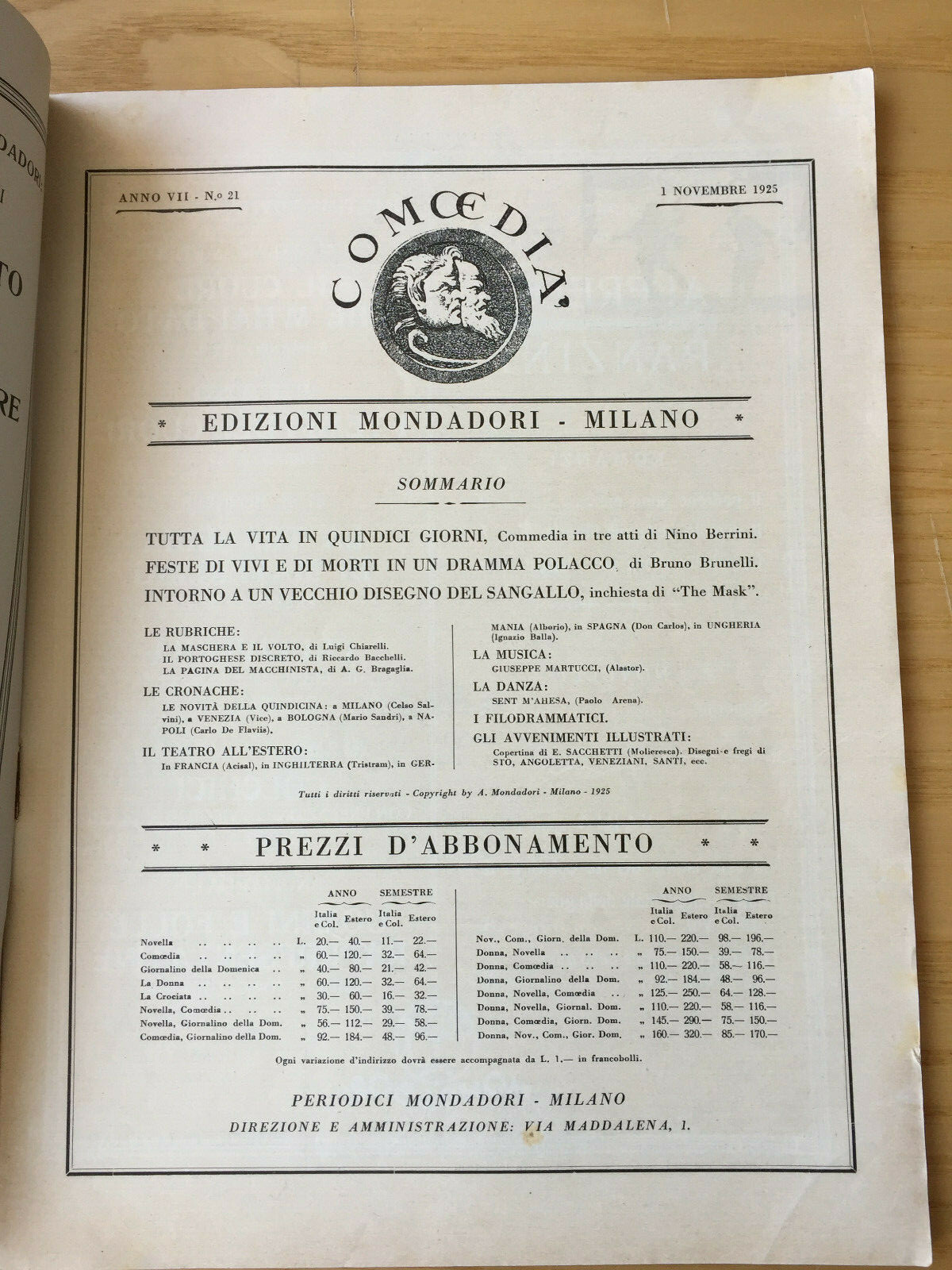 MONDADORI COMEDIA PERIODICO COMEDIA E VITA THEATRALE N° 21 1925 BERRINI 02/19