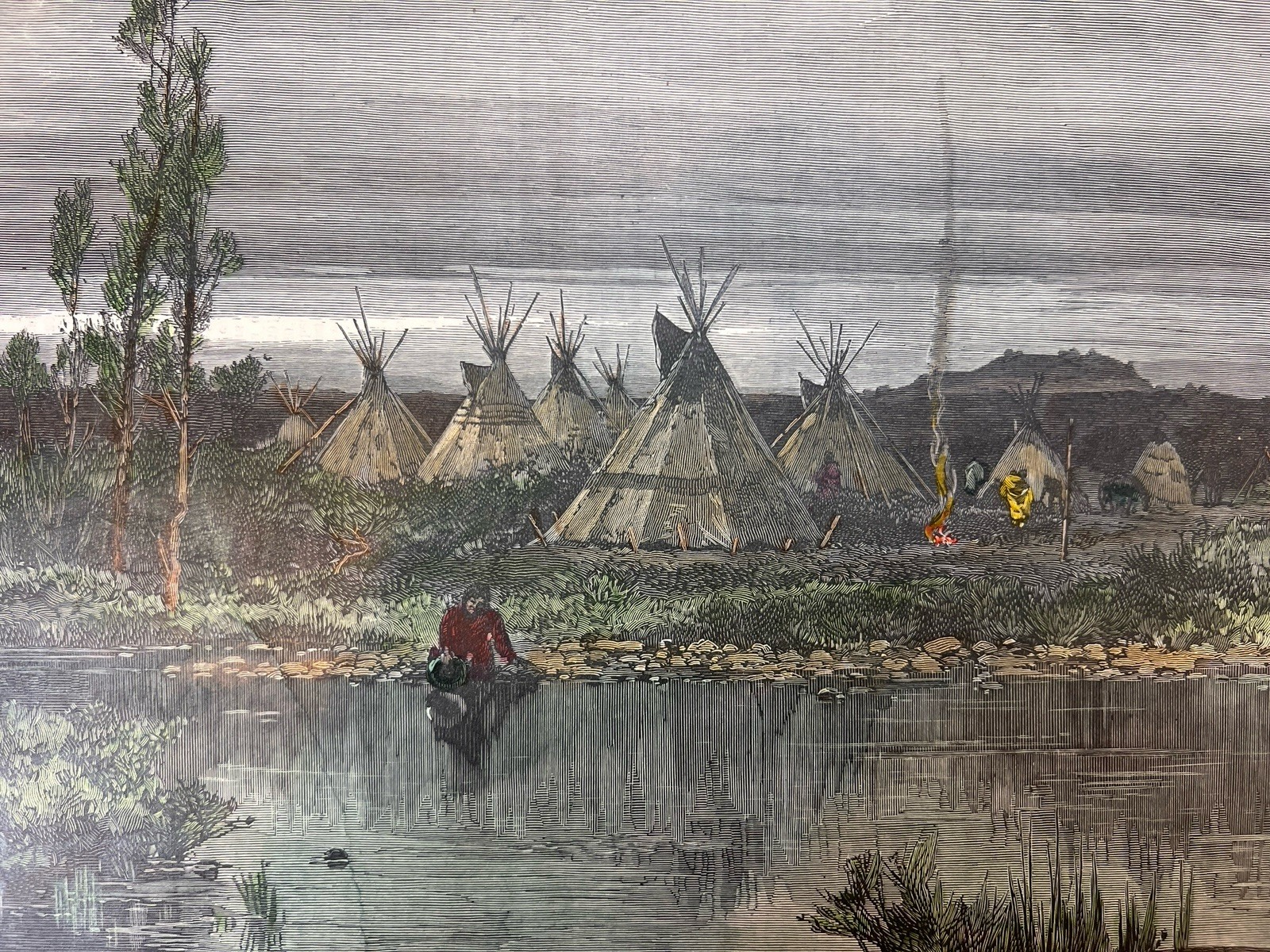 Indian Warfare Village Native American Harpers Weekly 1885 color print Graham