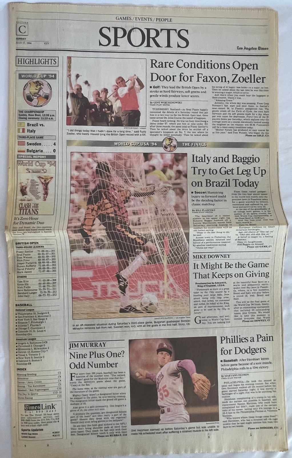 7/17/1994 World Cup Soccer *ITALY & BAGGIO* LA Times Sports Newspaper