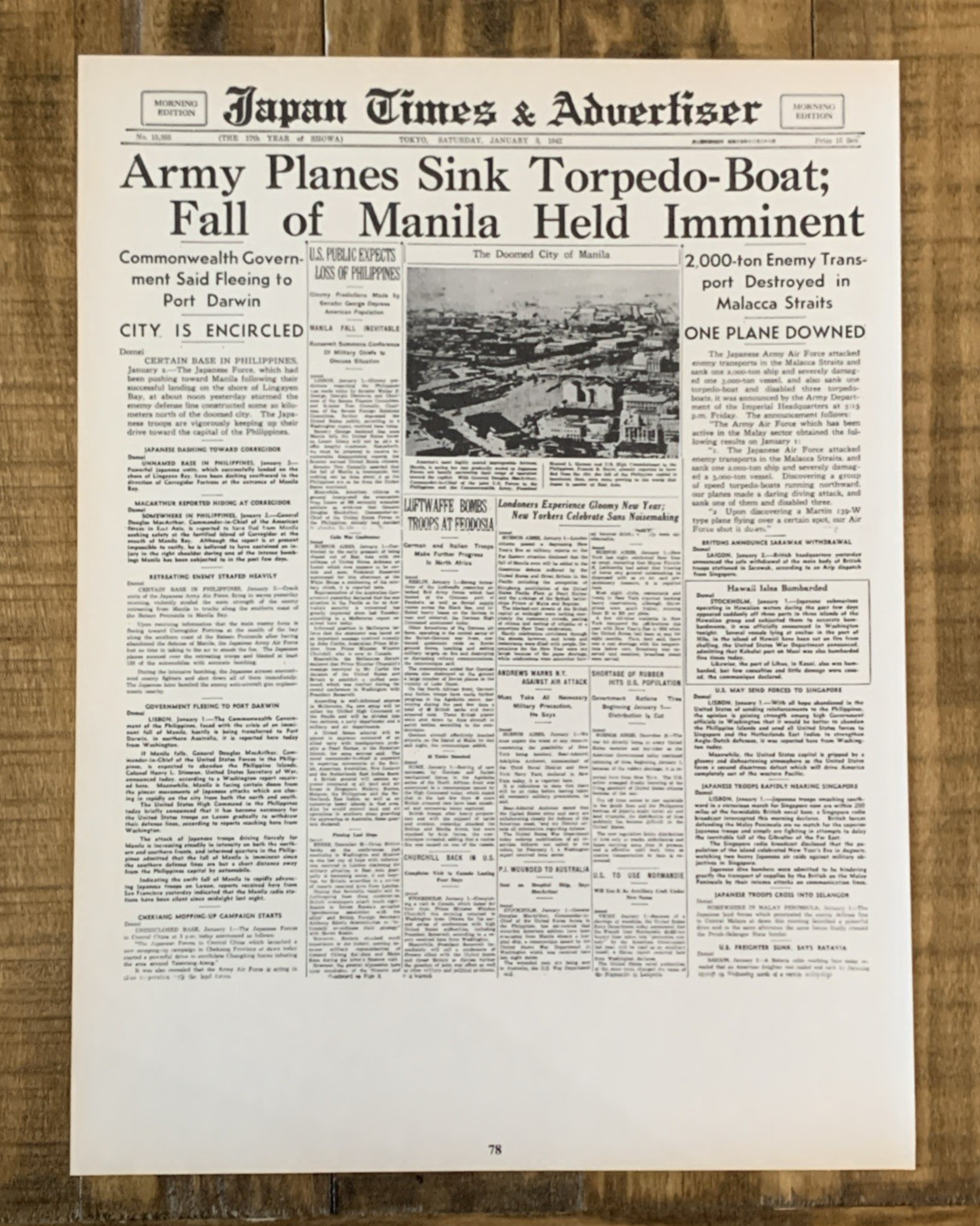Japan Times & Advertiser Fall of Manila Newspaper Front Page Headline 1942 #78