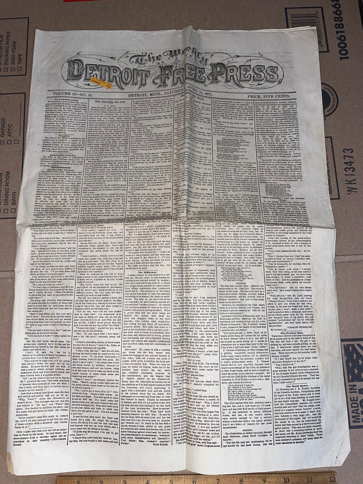 April 1878 The Weekly Detroit Free Press MICHIGAN newspaper LARGE FORMAT 1 PIECE