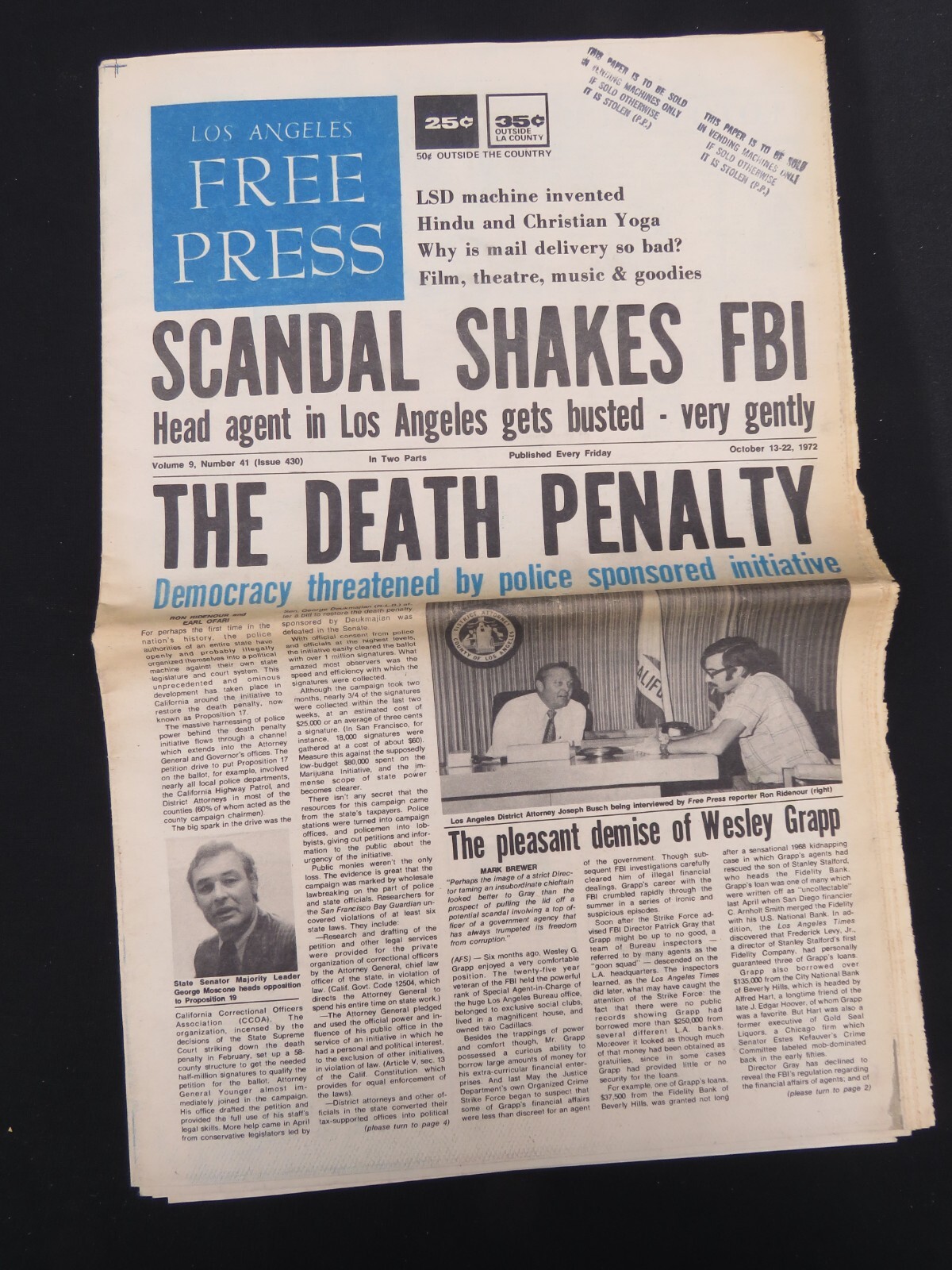 L.A. FREE PRESS UNDERGROUND NEWSPAPER Oct. 13, 1972 Concert Ads Counter-Culture