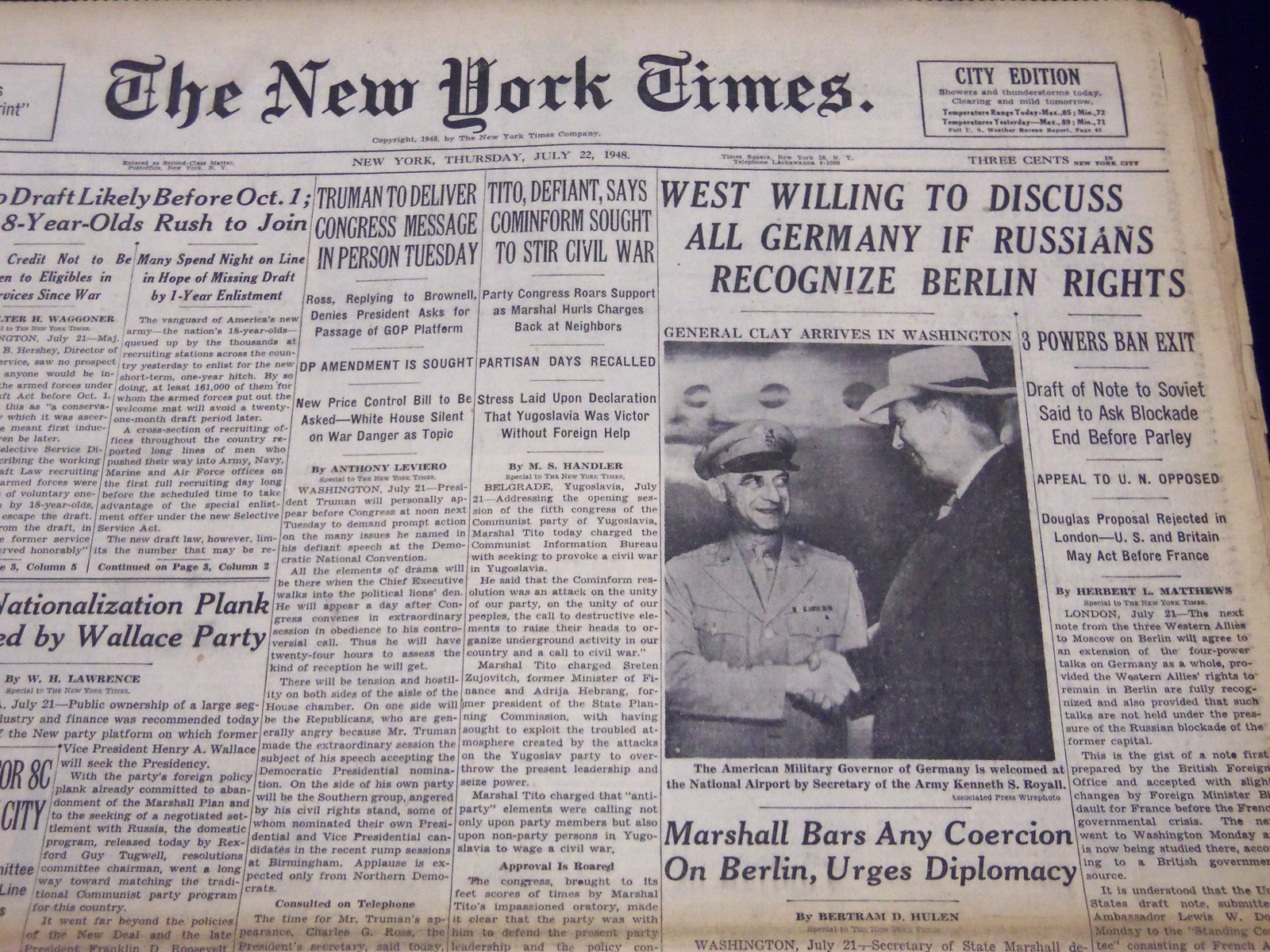 1948 JULY 22 NEW YORK TIMES – WEST WILLING TO DISCUSS ALL GERMANY – NT 137