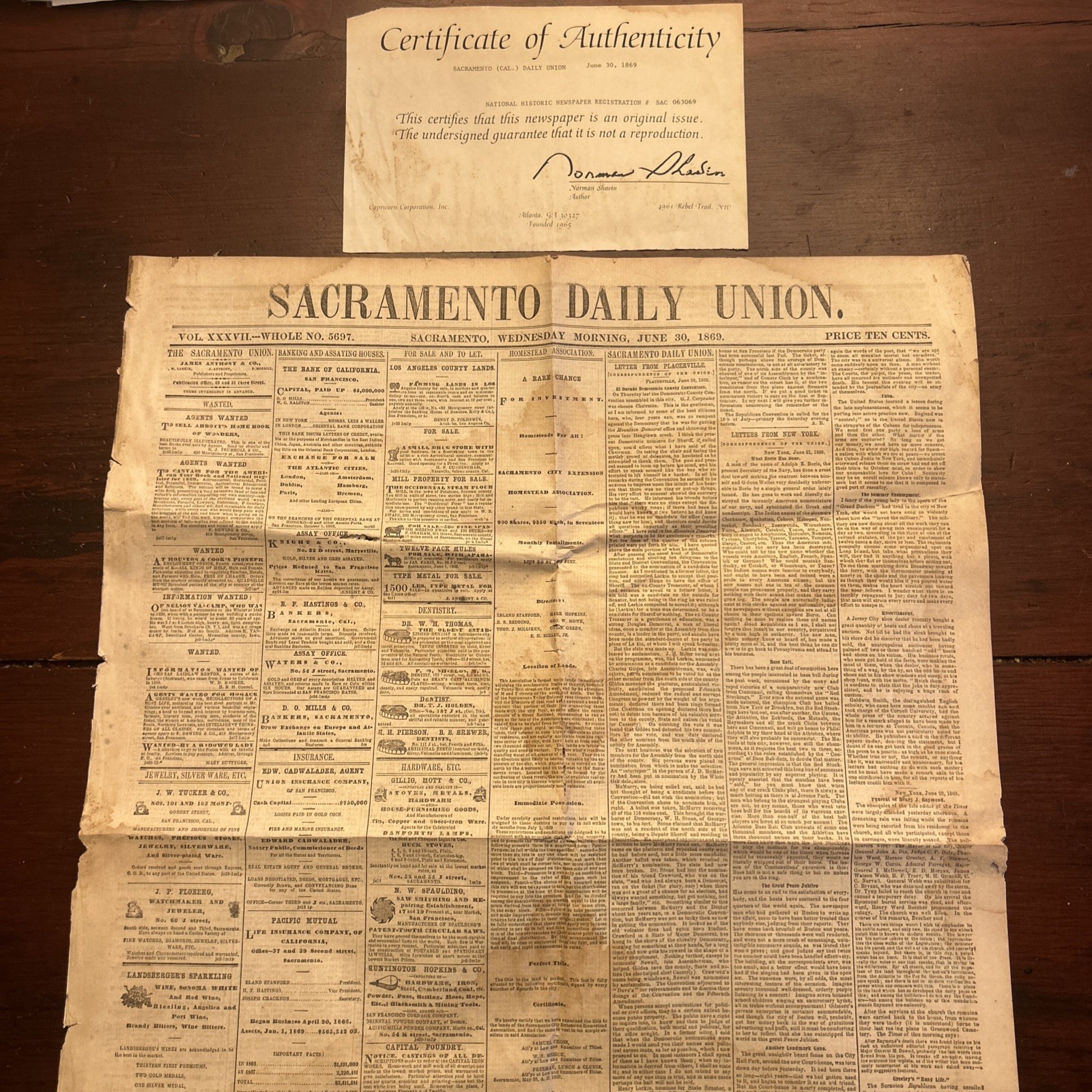 June 30th 1869 Issue of Sacramento Daily Union Newspaper Civil War Era Paper