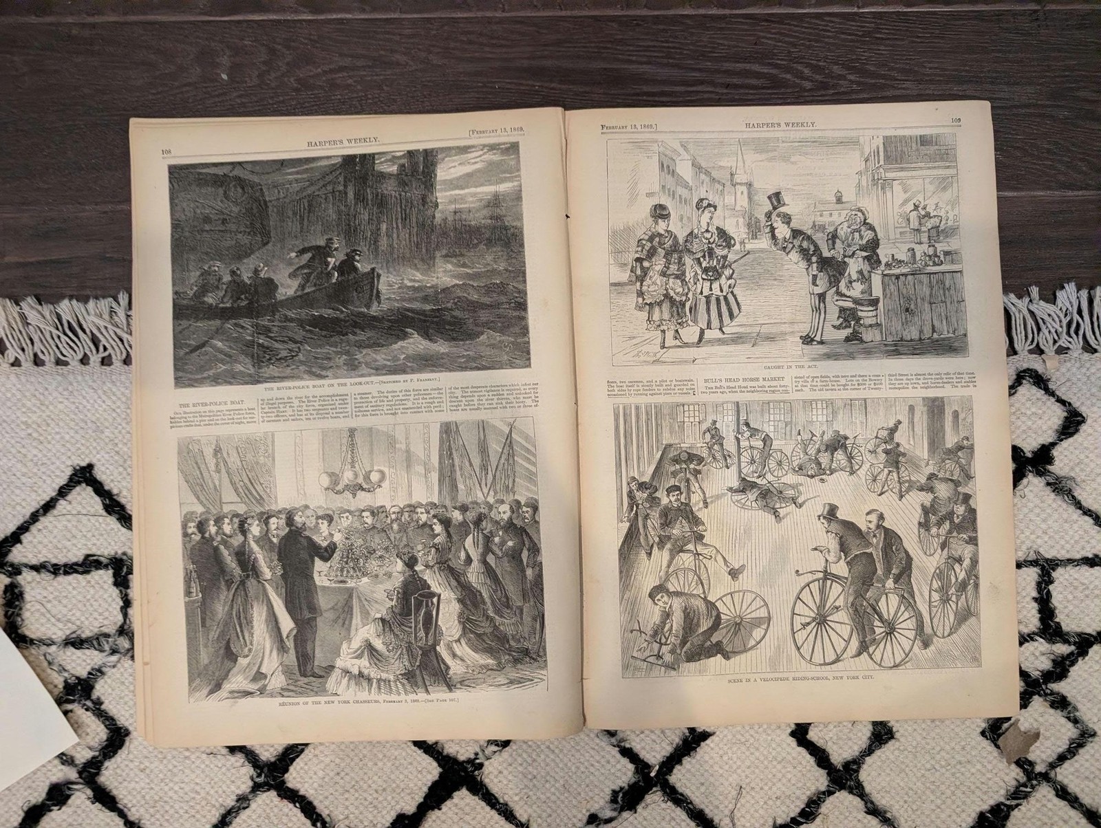 Feb 13 1869 Harpers Weekly, Velocipede Riding School, NYC River Police, Bulls He