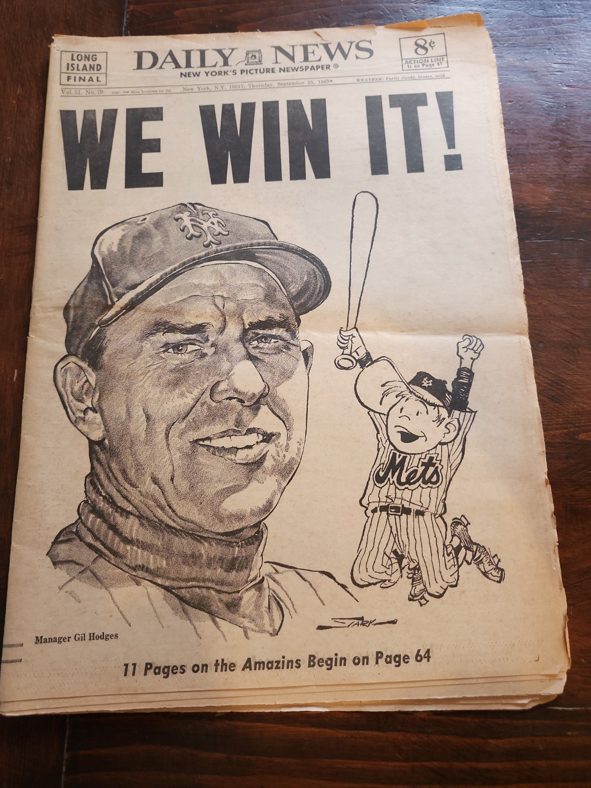 September 25, 1969 New York Mets WE WIN IT! New York Daily News Newspaper