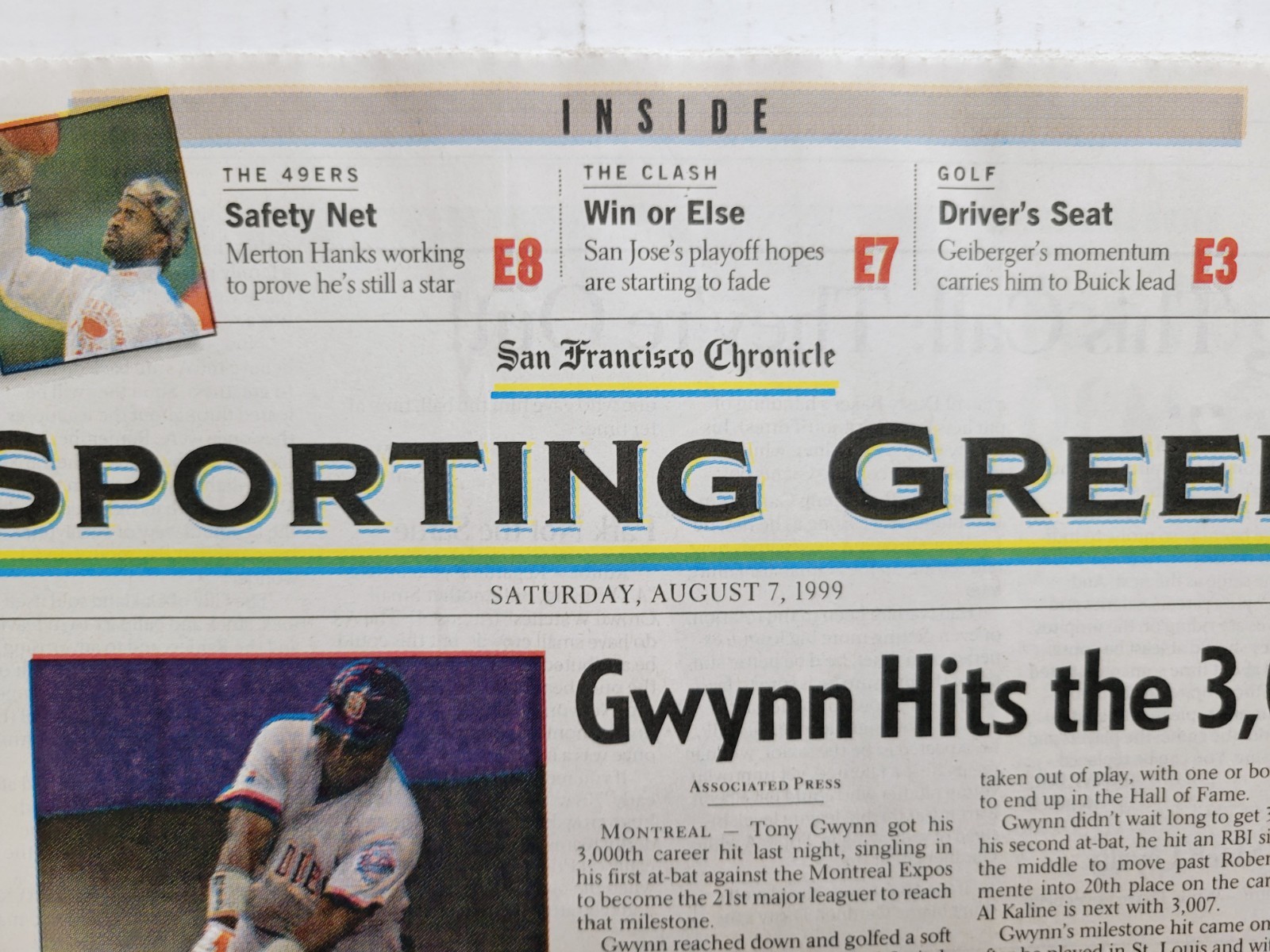 1999 Aug 7: MLB San Diego TONY GWYNN Reaches 3,000 Hits! Padres! SF Chronicle