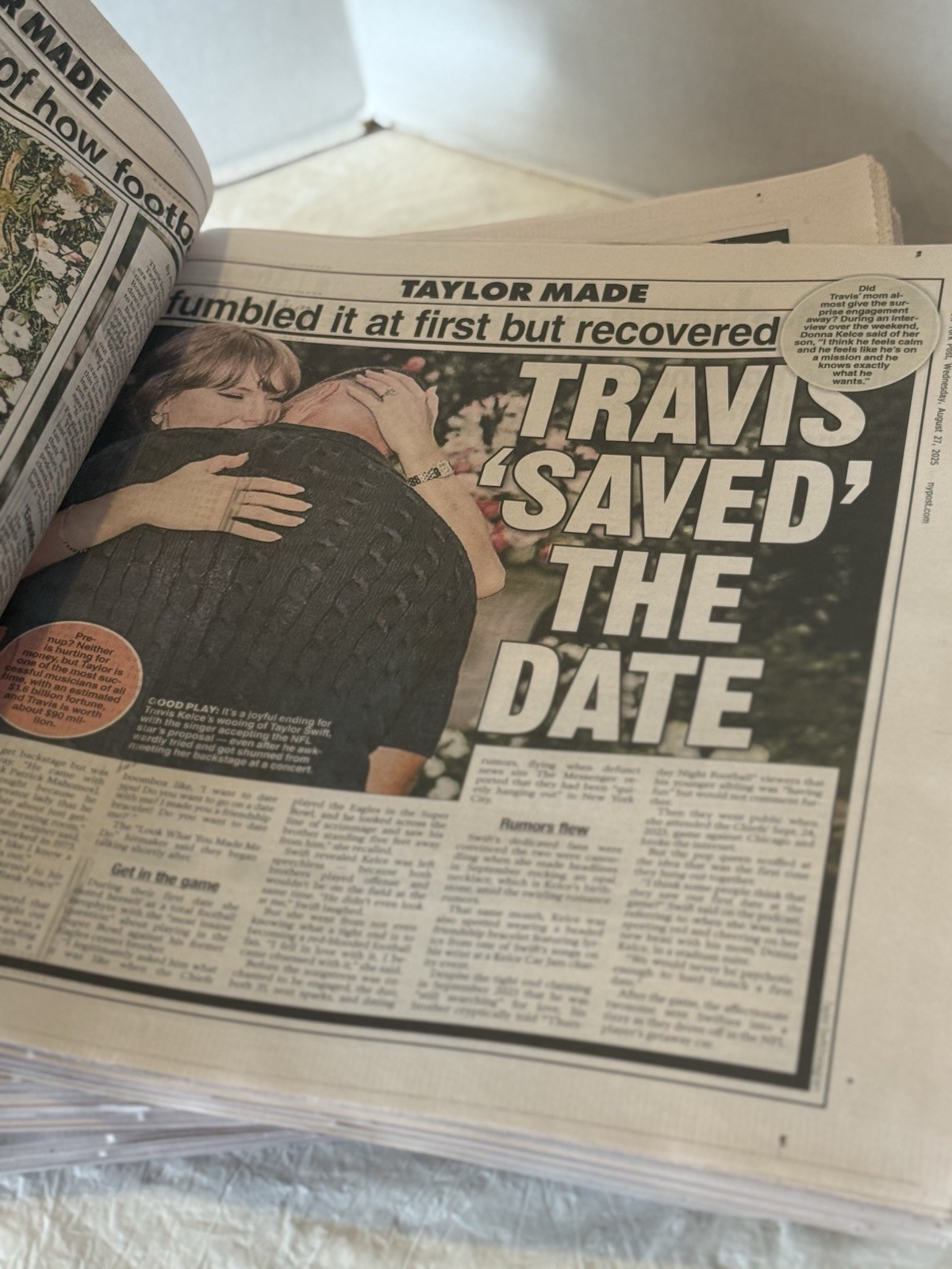 Taylor Swift & Travis Kelce Engaged “Tay Yes!” New York Post Newspaper 8/27/2025