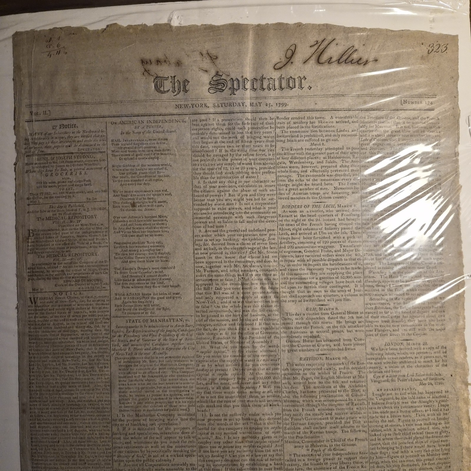The Spectator Vol. II/2 Number 174 New York, Saturday May 25 1799 Newspaper