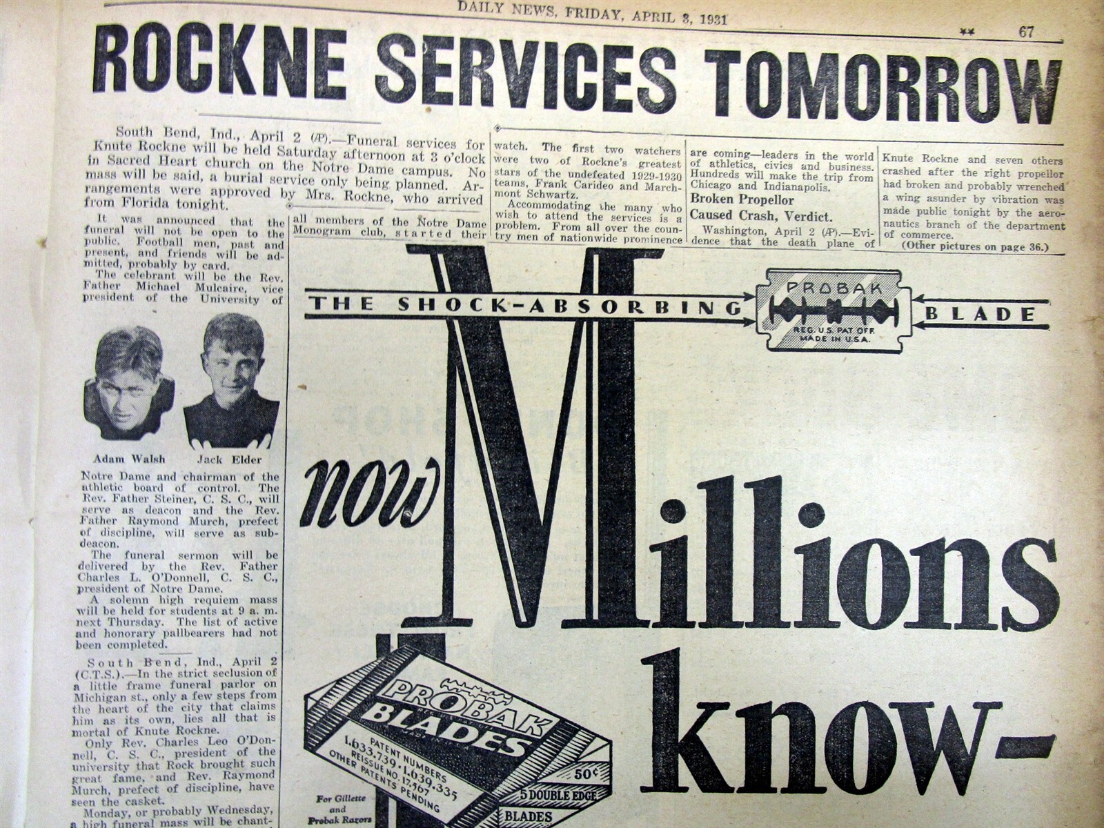 1931 NY Daily News newspaper KNUTE ROCKNE DEAD n Plane Crash NOTRE DAME Football