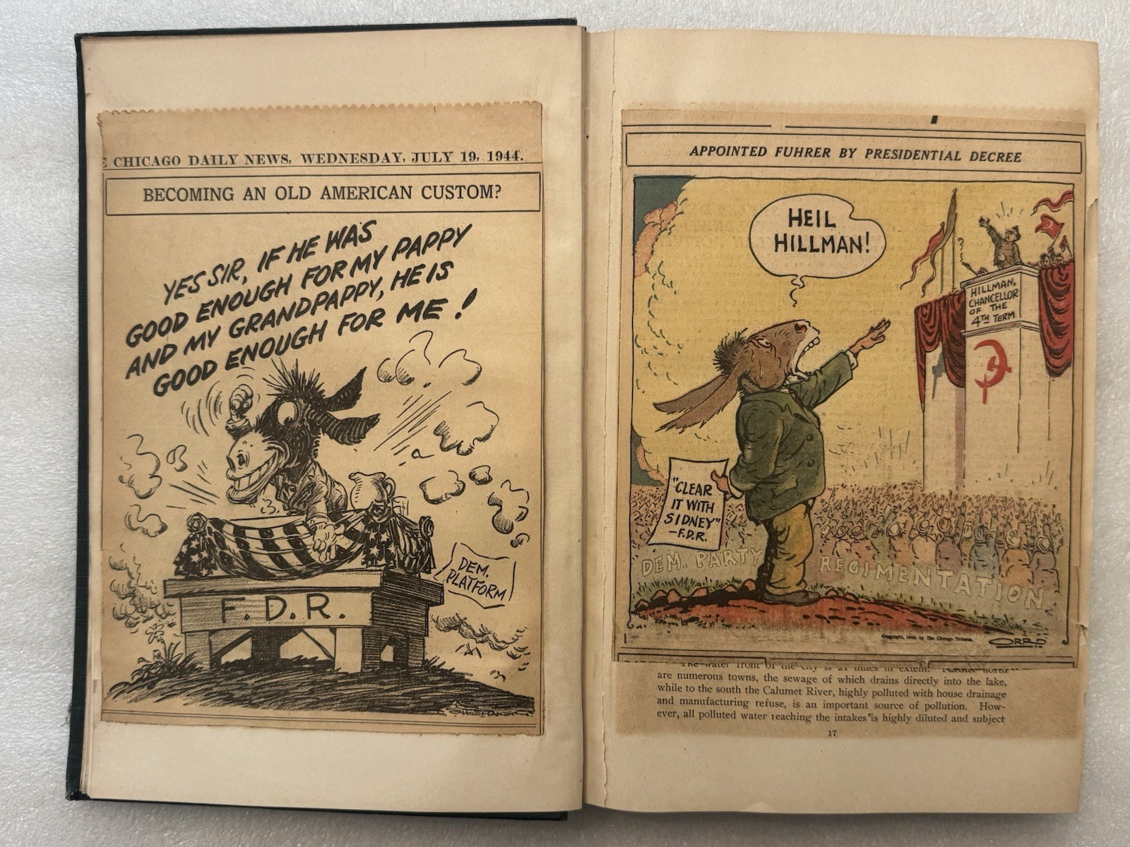 1944-1946 WW2 Newspaper Scrapbook Chicago Tribune Political Cartoon Hand Colored