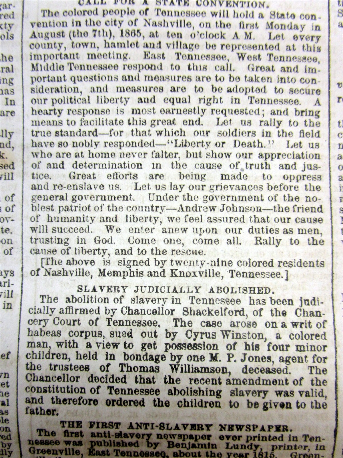 1865 newspaper w FATE of the FREED NEGR0 SLAVES in TENNESSEE after the Civil War
