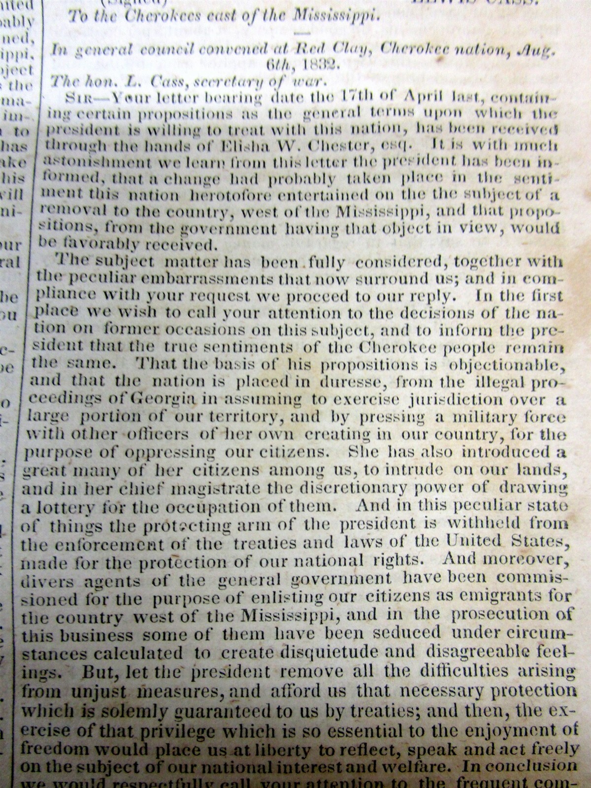 1832 newspaper INDIAN REMOVAL POLICY by President ANDREW JACKSON in GREAT DETAIL
