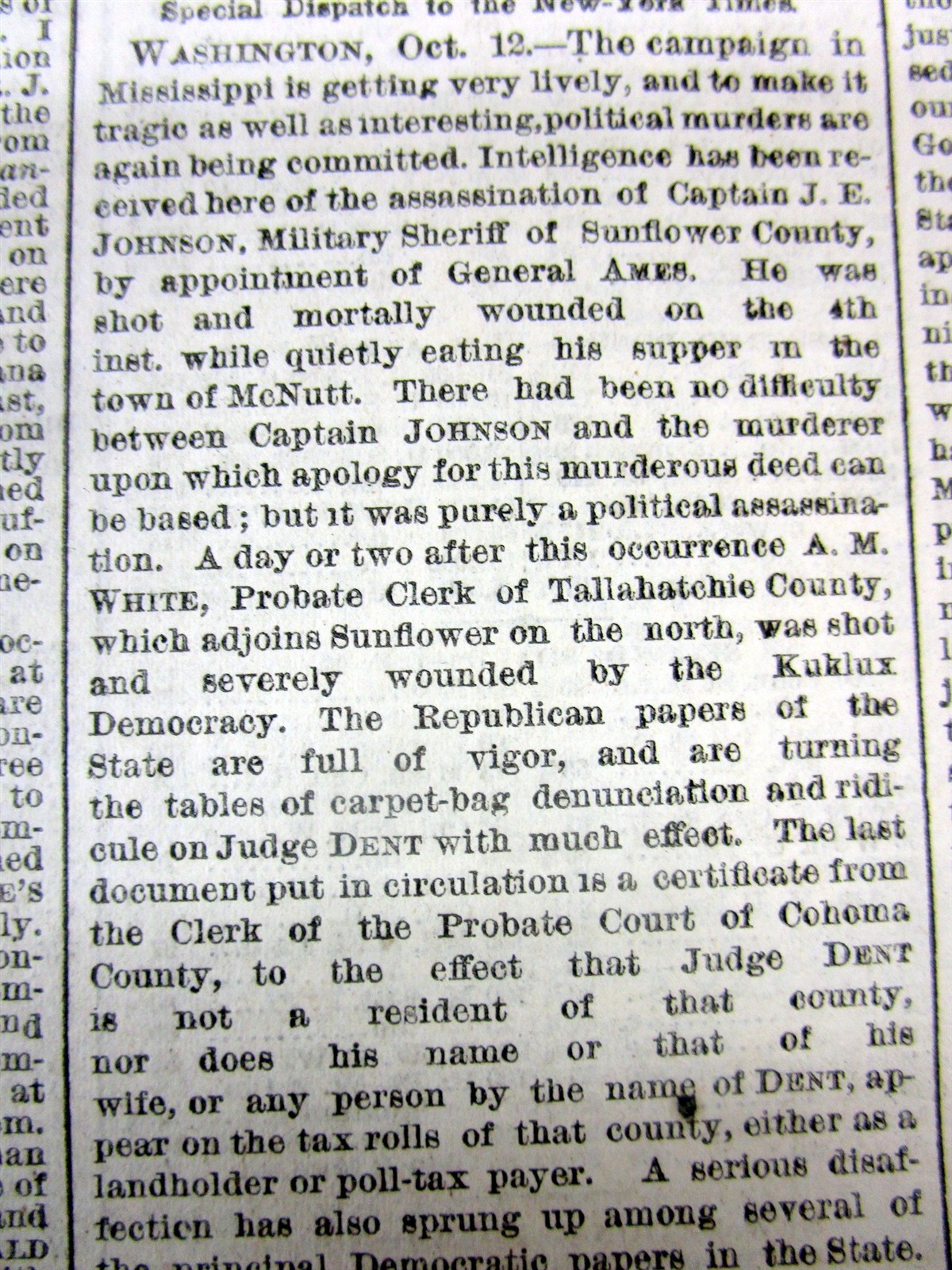 1869 NY Times newspaper Early KU KLUX KLAN MURDERS a POLITICIAN in MISSISSIPPI