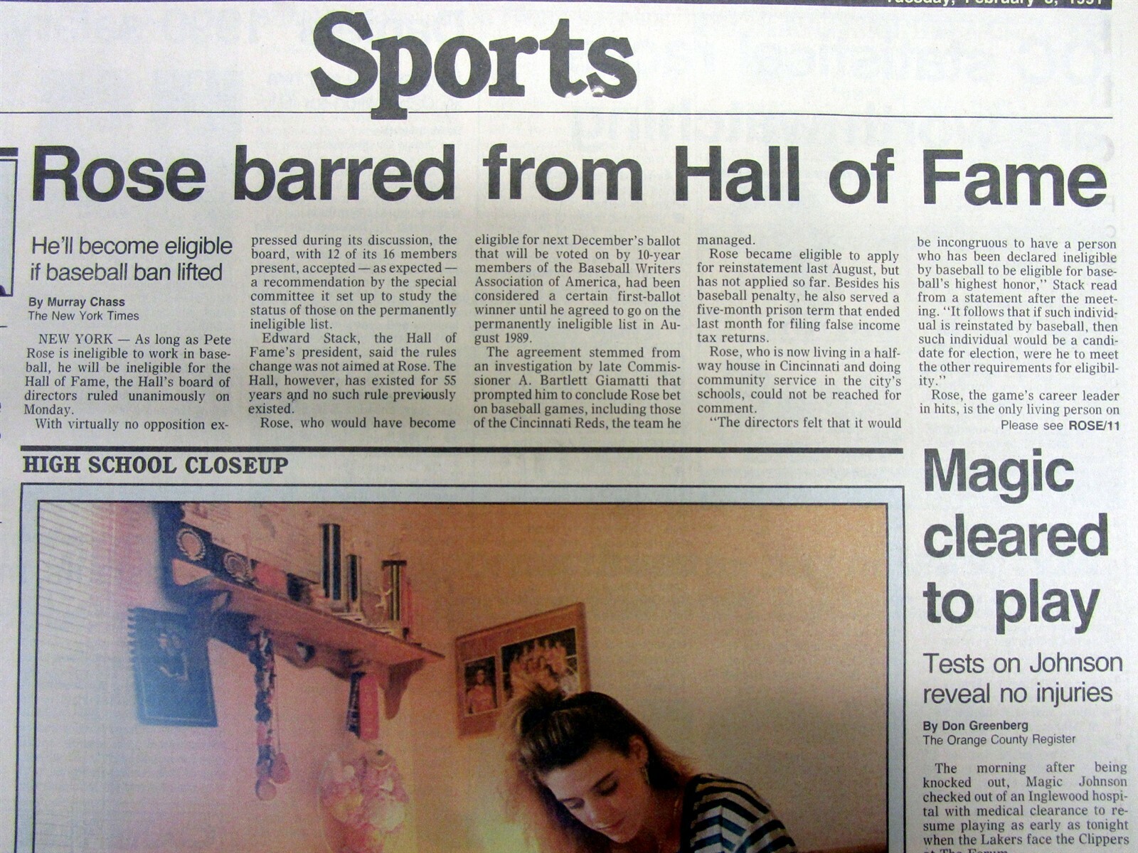1991 newspaper PETE ROSE BANNED from BASEBALL HALL OF FAME for GAMBLING on games