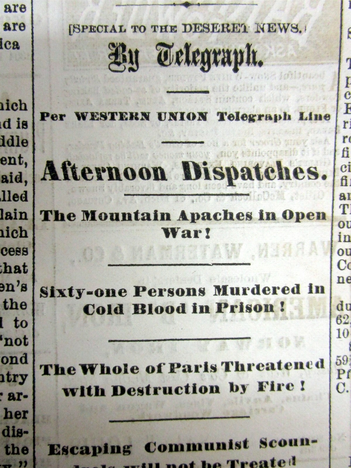 1871 Deseret News UTAH newspaper APACHE INDIANS ATTACK after CAMP GRANT MASSACRE
