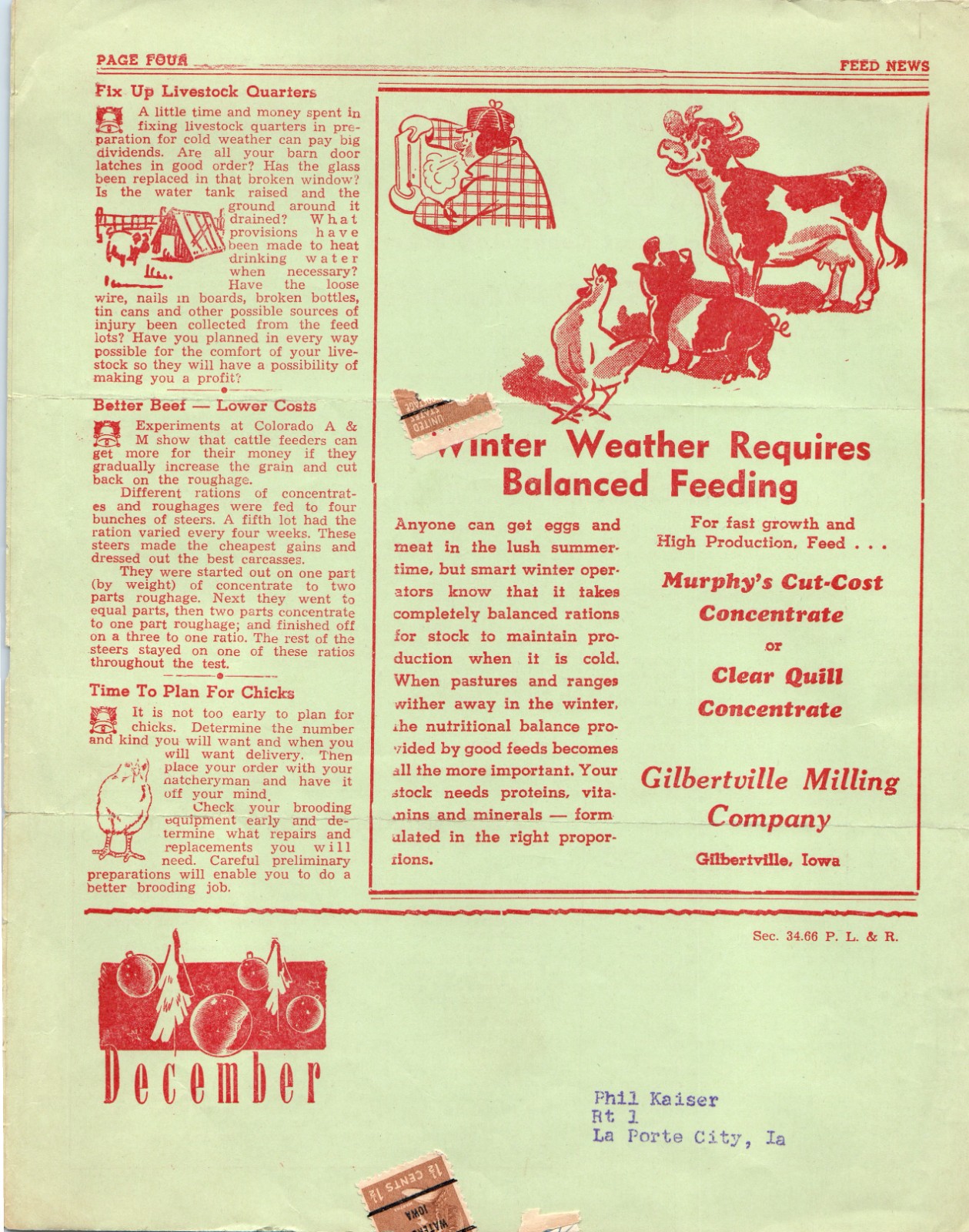 1953 Gilbertville Feed News IA Bifold Newsletter Christmas Candy Cookie Recipes