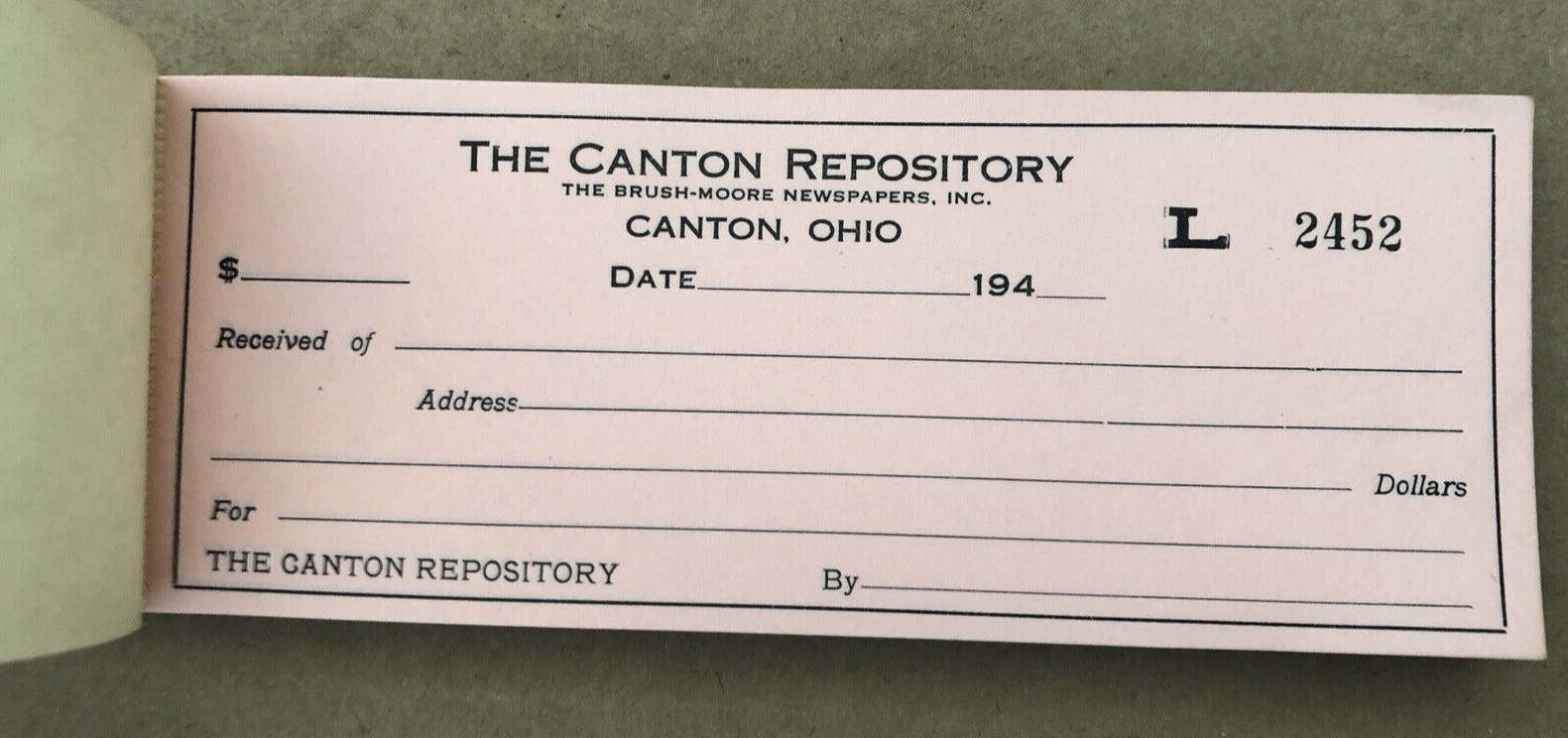 Vintage CANTON REPOSITORY Brush-Moore Newspaper 1940’s Receipt Book Ohio