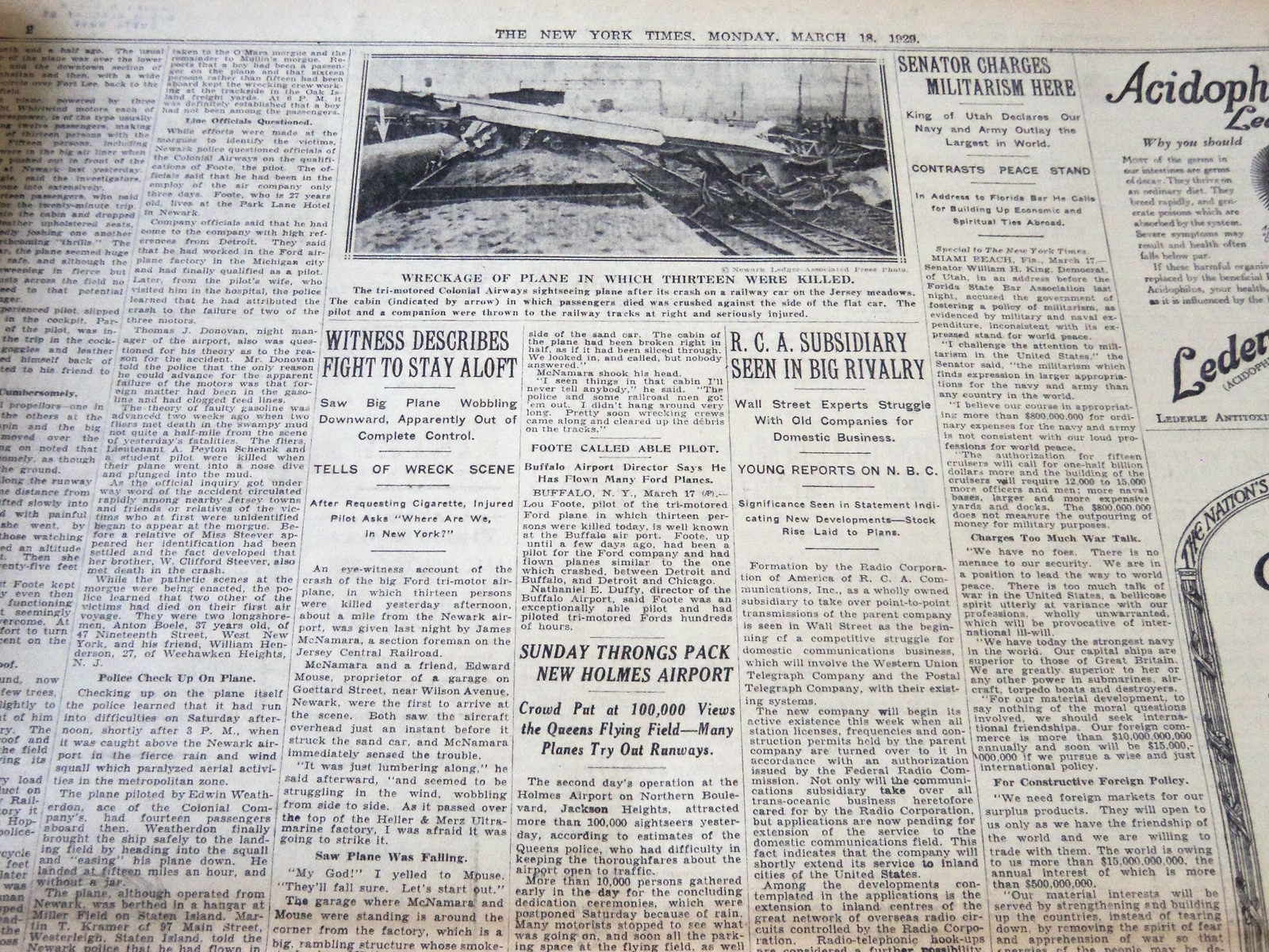 1929 MARCH 18 NEW YORK TIMES – 13 KILLED SIGHTSEEING PLANE CRASH – NT 6631