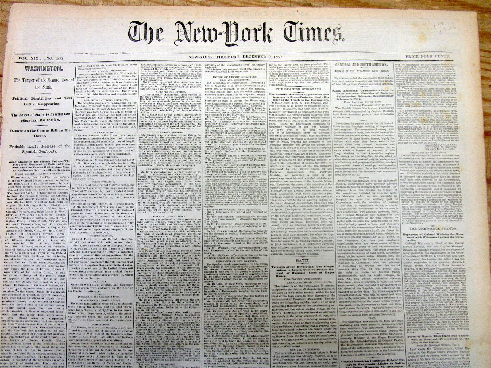 1869 NY Times newspaper w ORGANIZATION / FORMATION ofTHE 1st PRO BASEBALL LEAGUE