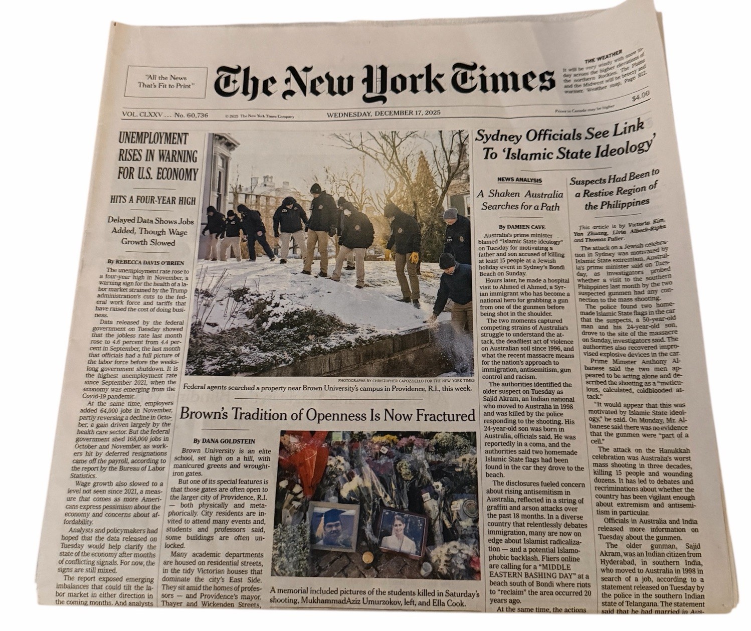 The New York Times Newspaper December 17 2025 Complete Print Paper UNREAD NYT