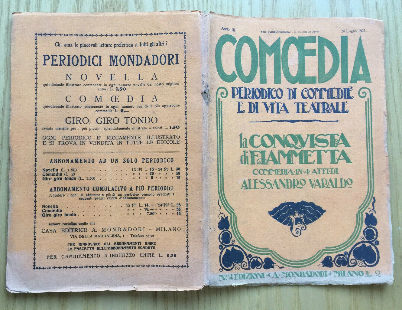 MONDADORI COMEDIA PERIODICO COMEDIA E VITA THEATRALE N° 14 1921 A. VARALDO 2/19